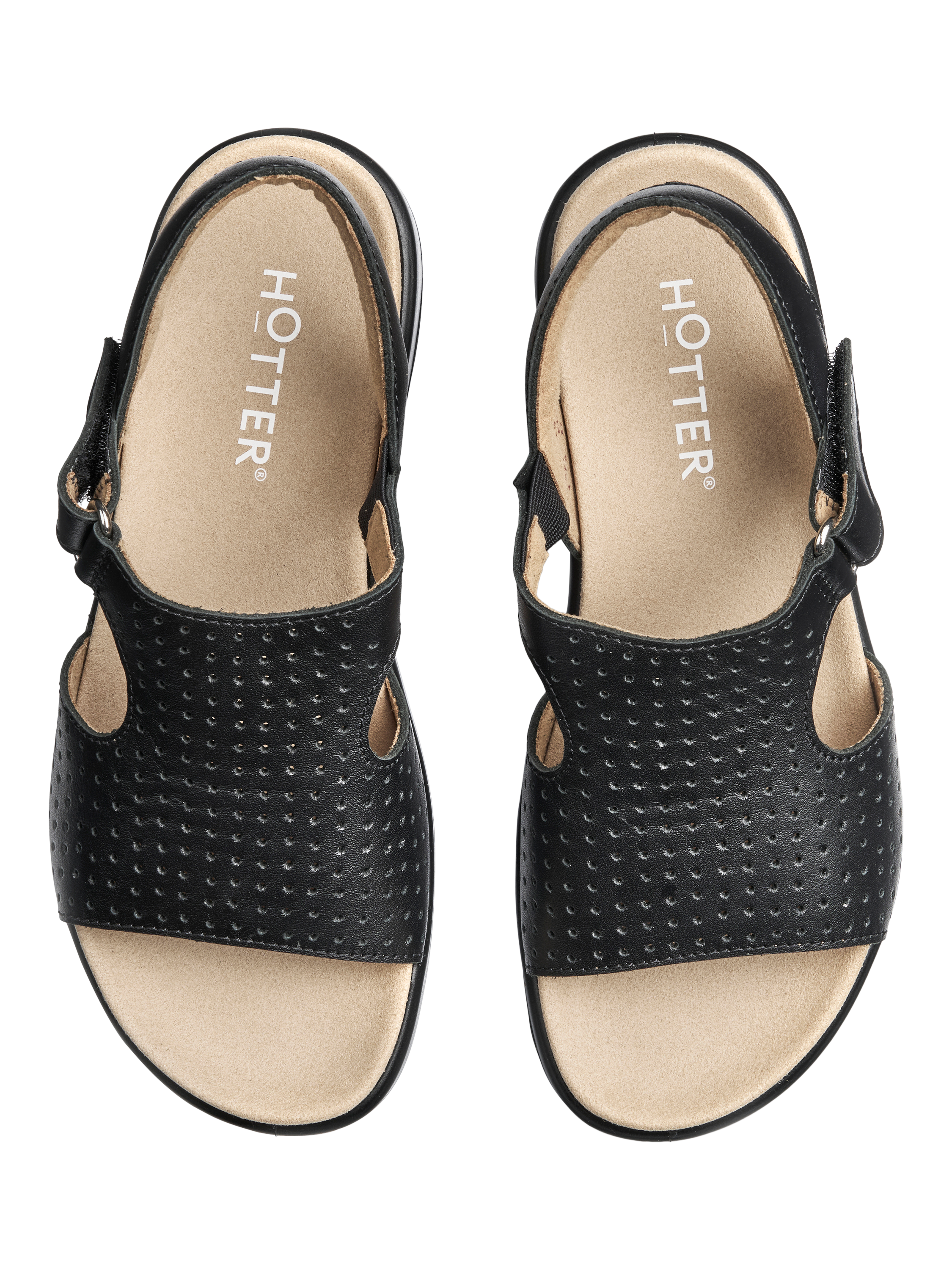Product image 3 of 4, which shows Hotter Marbella Wide Fit Leather Perforated Footbed Sandals, Black, 3W