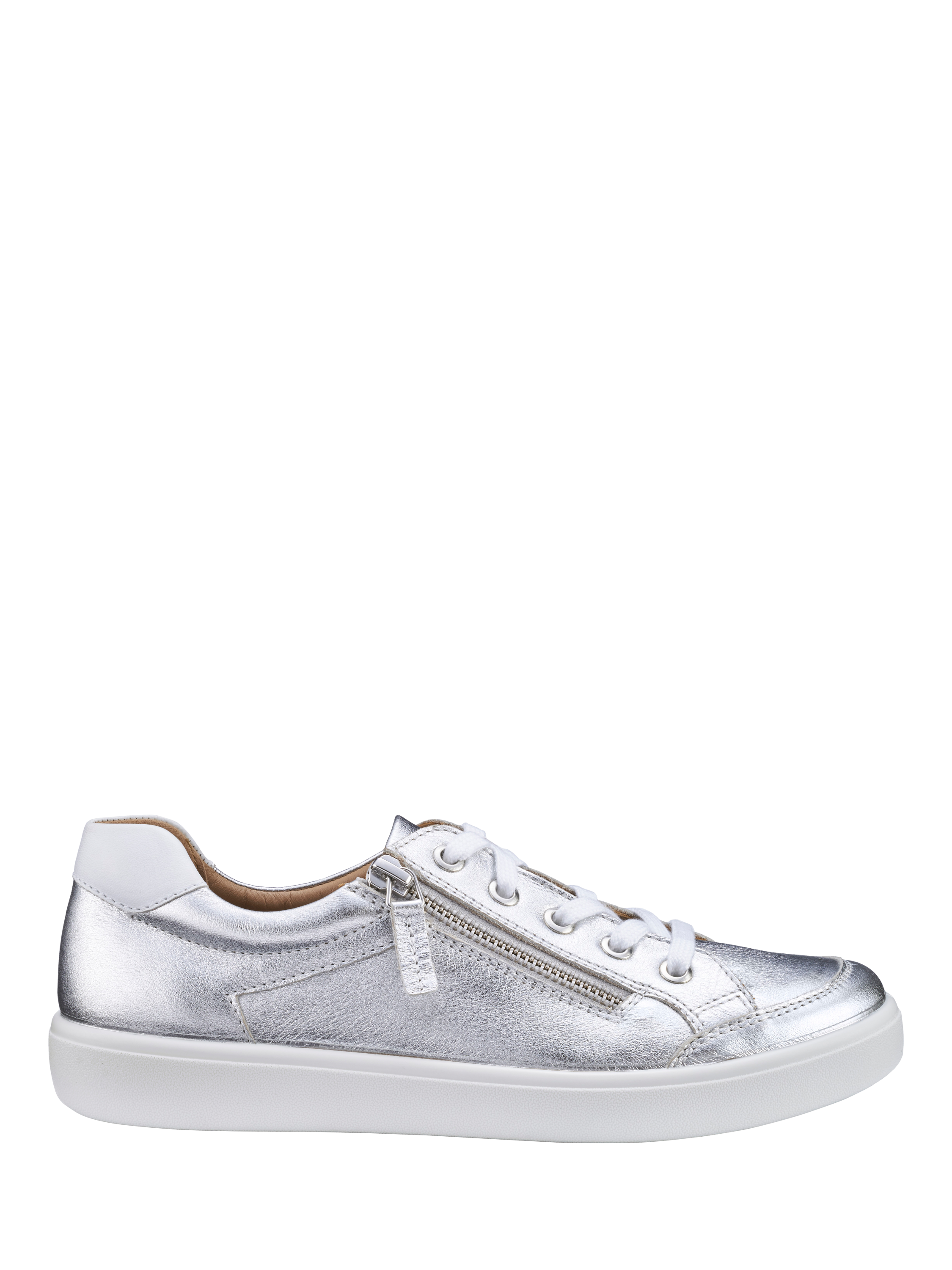 Product image 1 of 4, which shows Hotter Chase II Leather Zip and Go Trainers, Silver/White, 3
