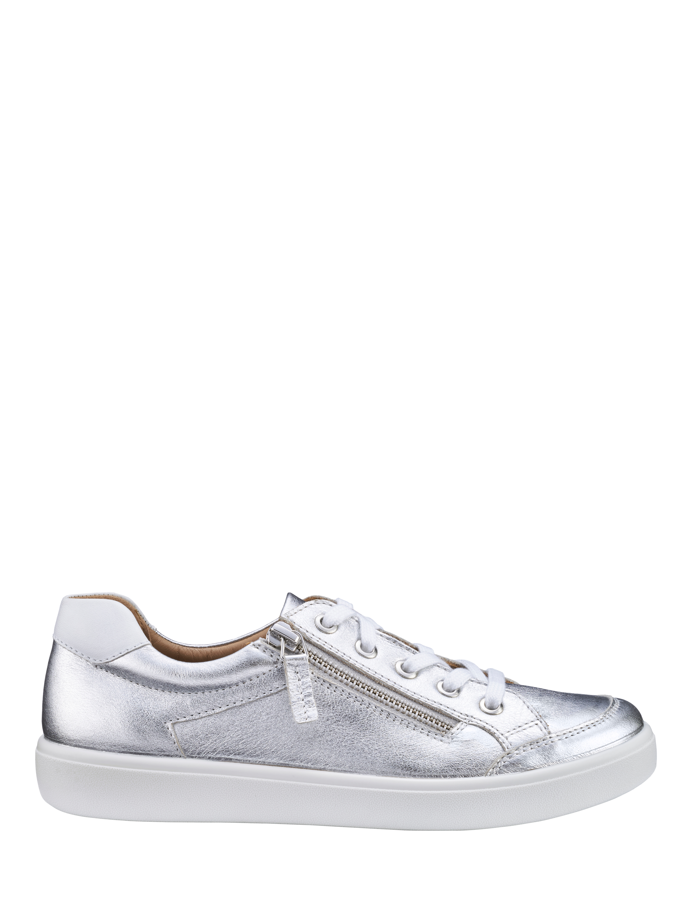 Product image 1 of 4, which shows Hotter Chase II Wide Fit Leather Zip and Go Trainers, Silver/White, 3W