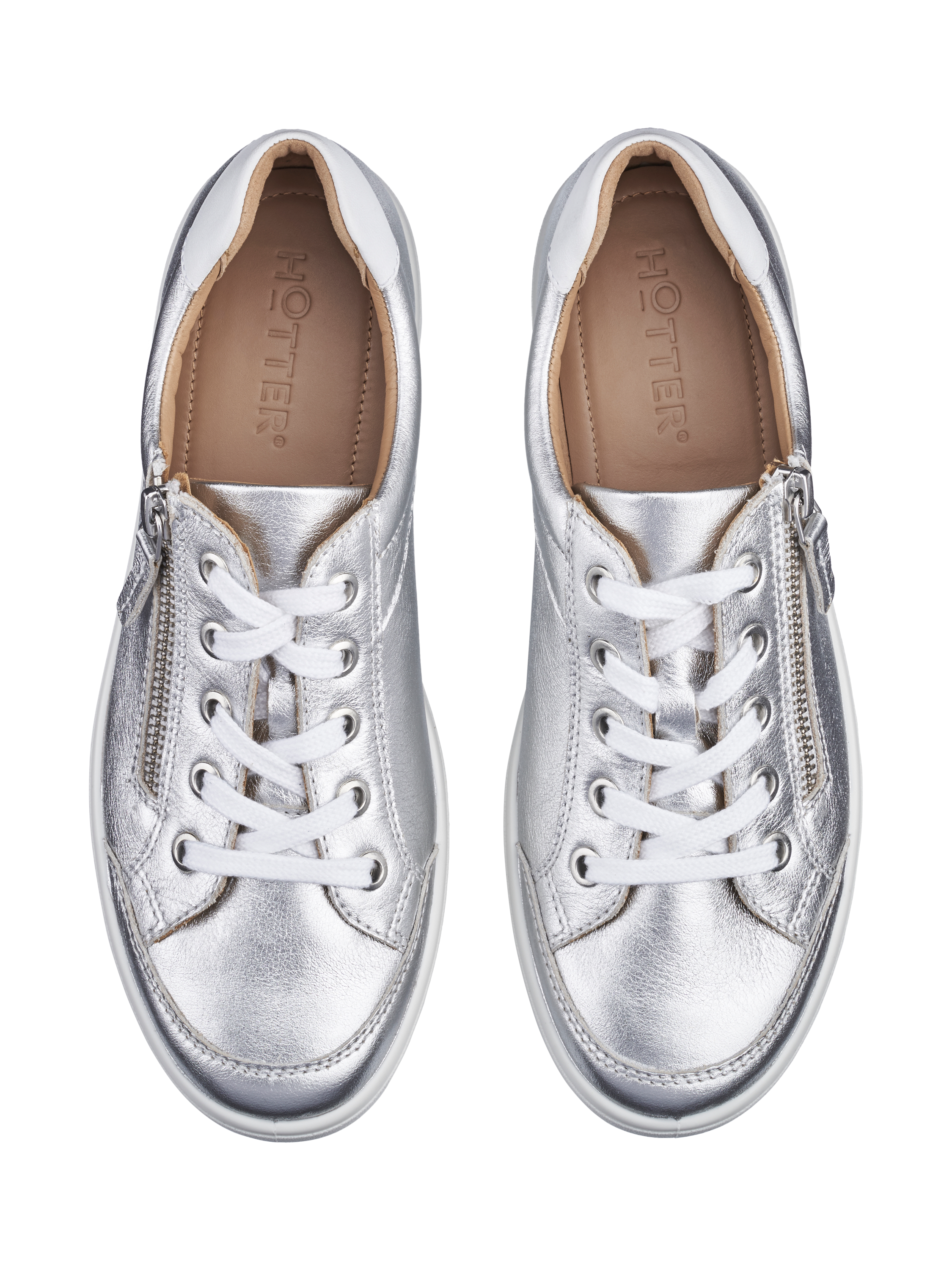 Product image 3 of 4, which shows Hotter Chase II Wide Fit Leather Zip and Go Trainers, Silver/White, 3W