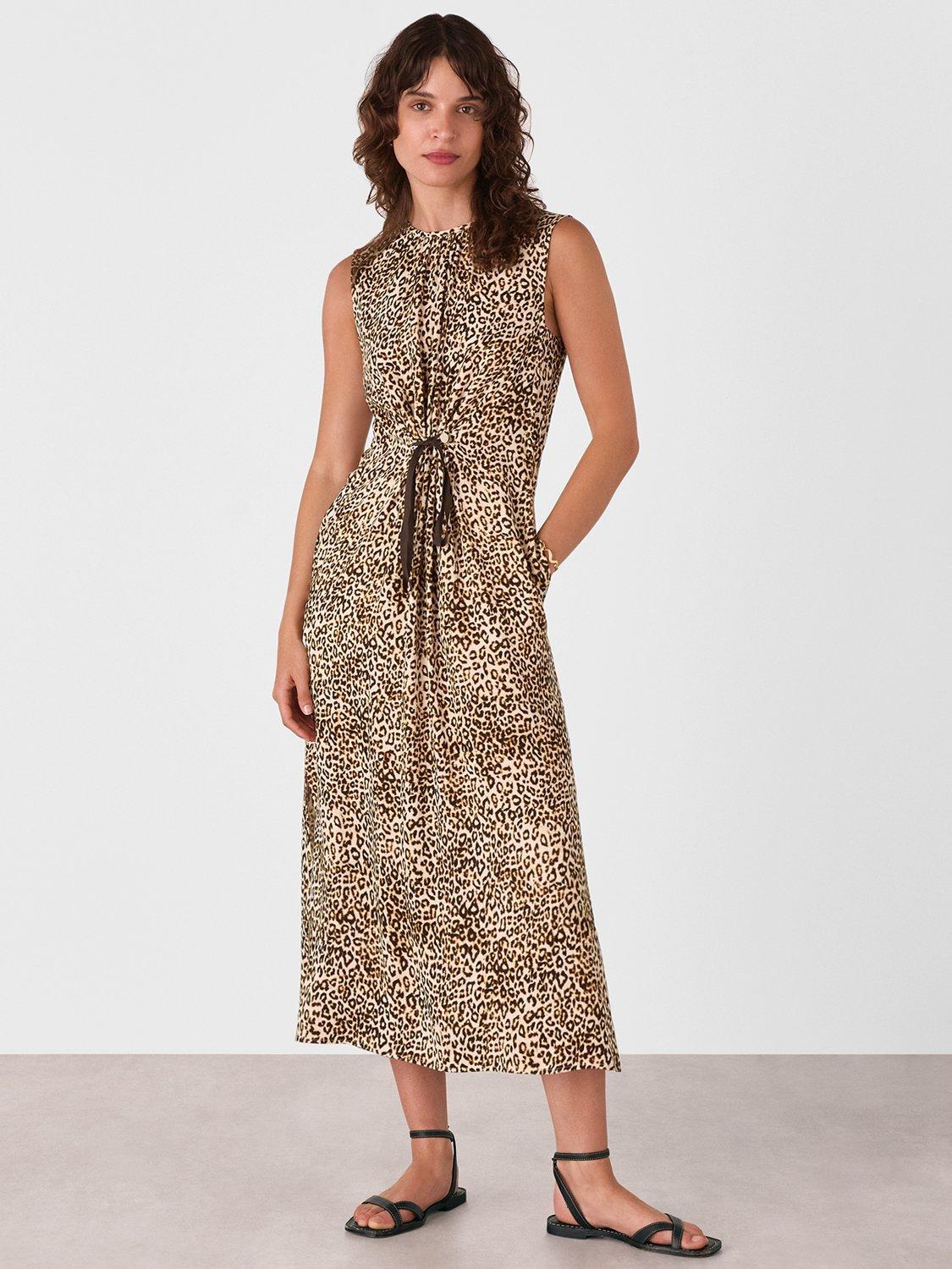 Product image 1 of 5, which shows Whistles Leopard Tie Waist Sleeveless Midi Dress, Brown/Multi, 6
