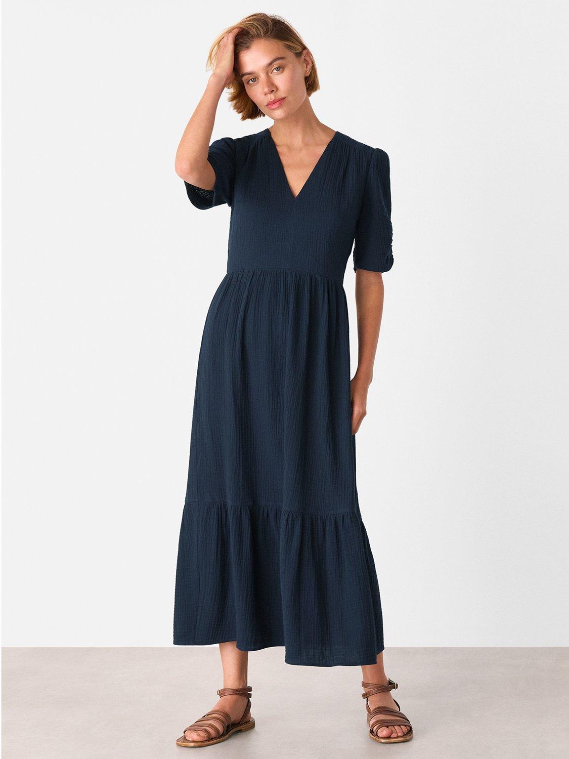 Product image 1 of 5, which shows Whistles Textured Cotton Midi Dress, Navy, 6