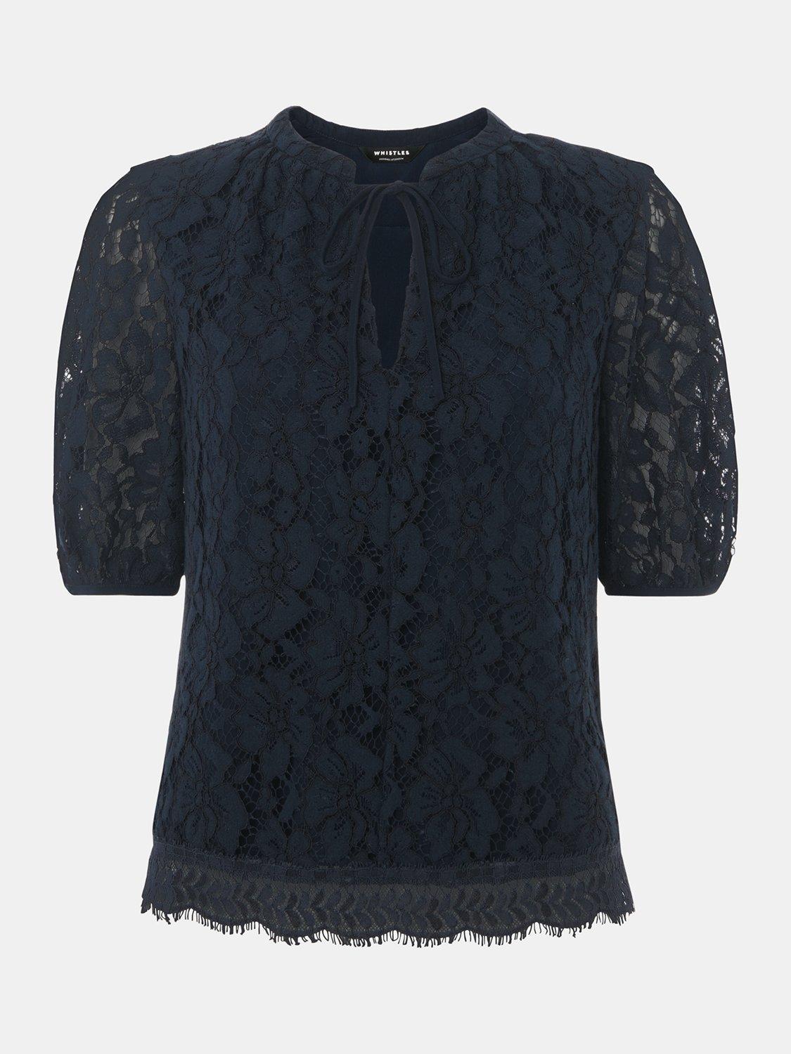 Product image 5 of 5, which shows Whistles Lace Tie Detail Blouse, Navy, 8