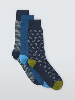 John Lewis Made in Italy Bicycle & Stripe Cotton Mix Socks, Pack of 3, Blue Multi, Blue Multi