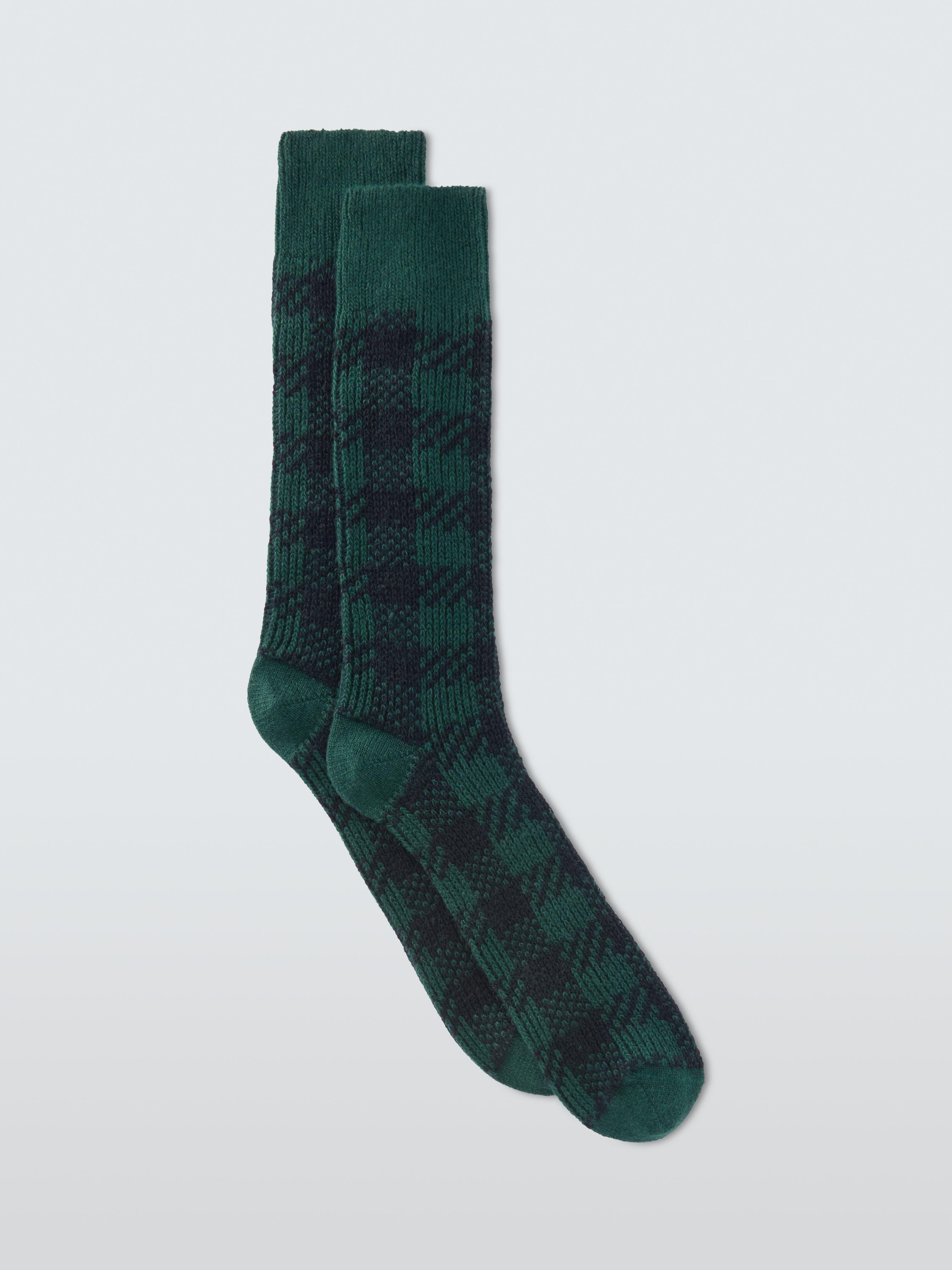 Product image 1 of 2, which shows John Lewis Cashmere Blend Check Socks, Bottle Green, S-M