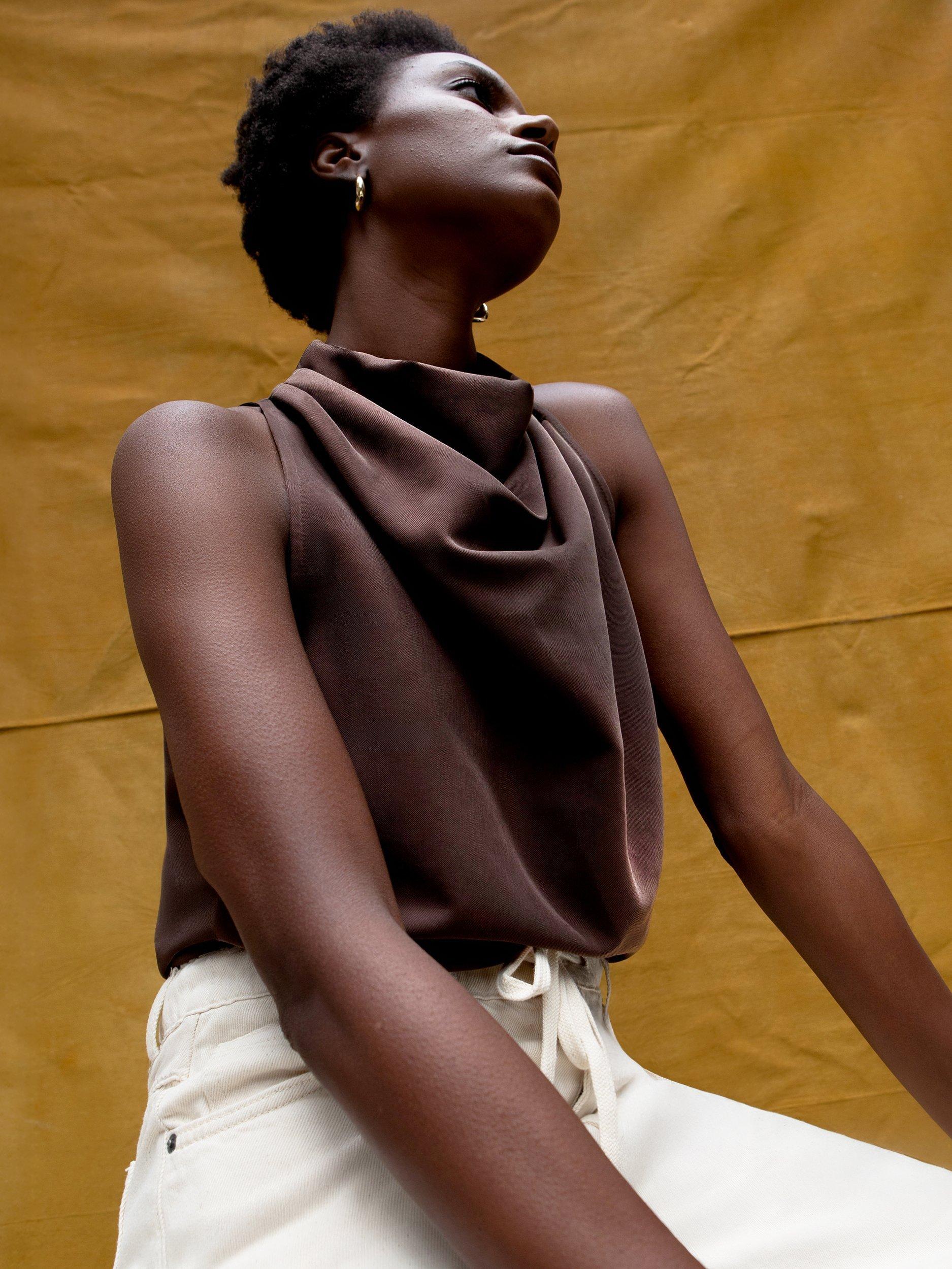 Product image 3 of 6, which shows Ro&Zo Cowl Neck Drape Top, Brown, 6