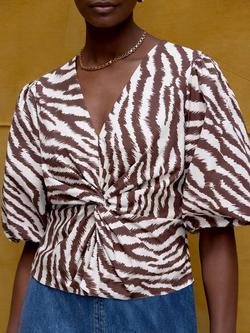 Ro&Zo Cotton Zebra Print Twist Front Top - view 2, Brown