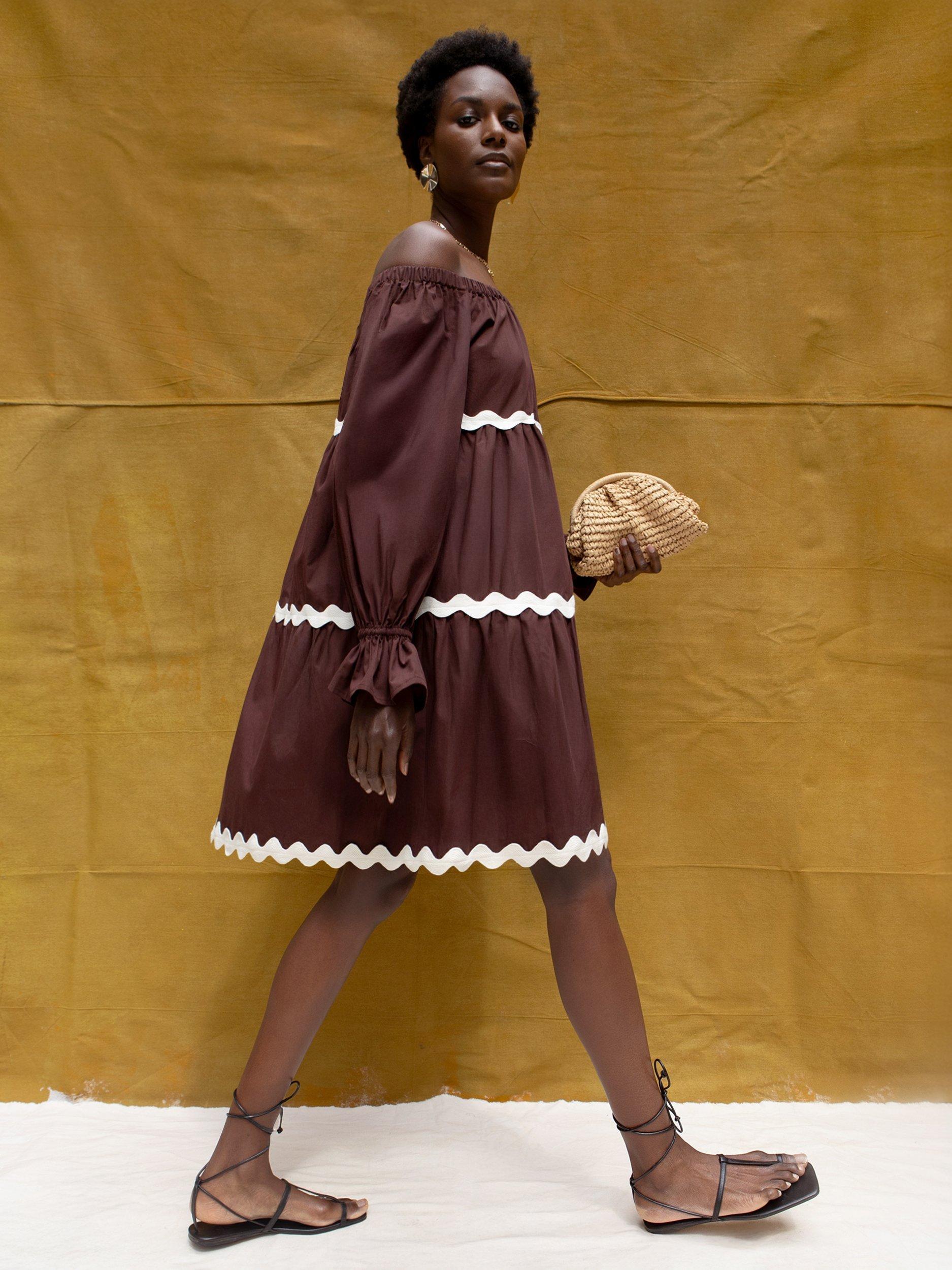 Product image 1 of 6, which shows Ro&Zo Ric Rac Trim Tiered Bardot Dress, Brown, 6