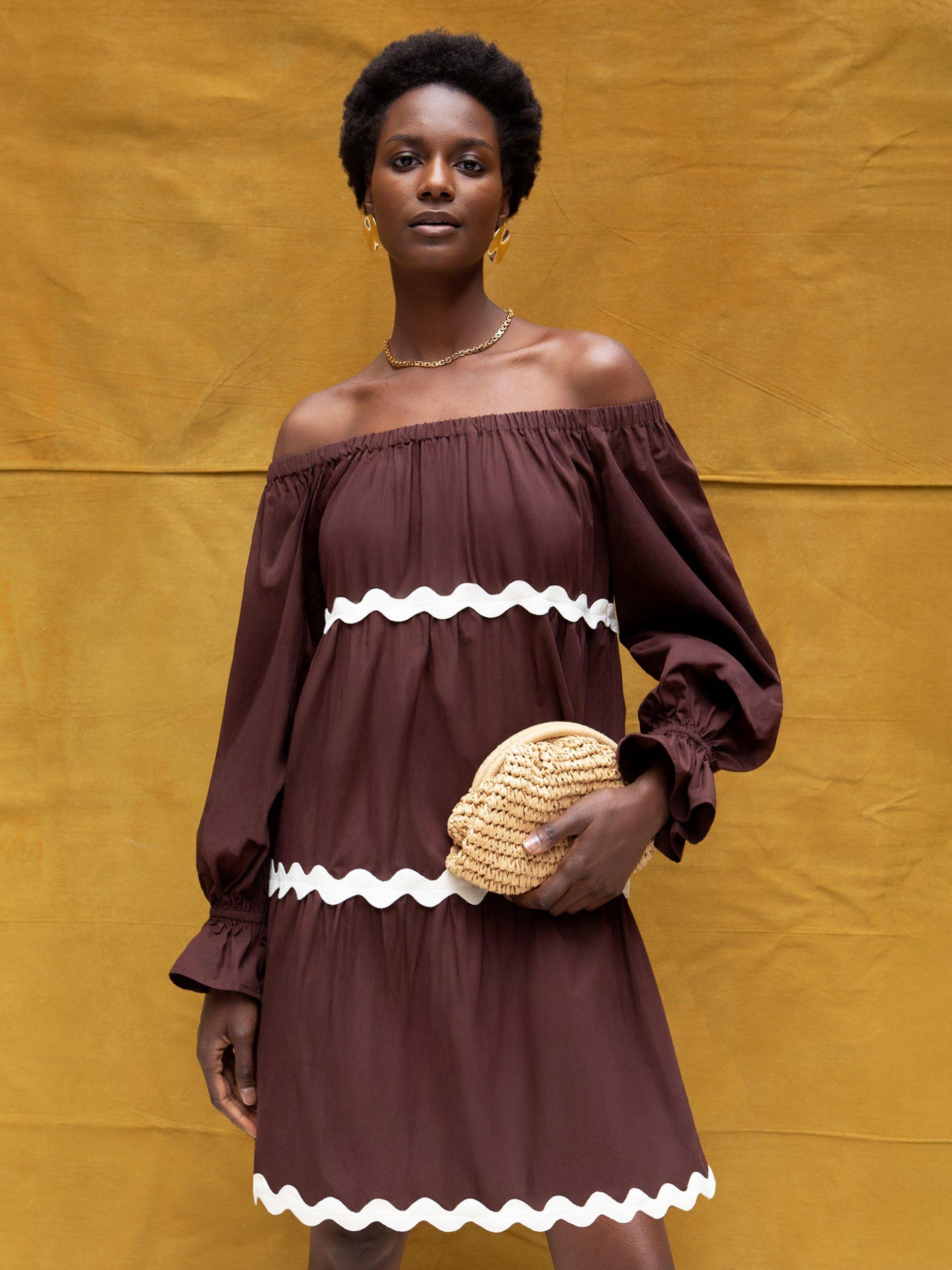 Product image 2 of 6, which shows Ro&Zo Ric Rac Trim Tiered Bardot Dress, Brown, 6
