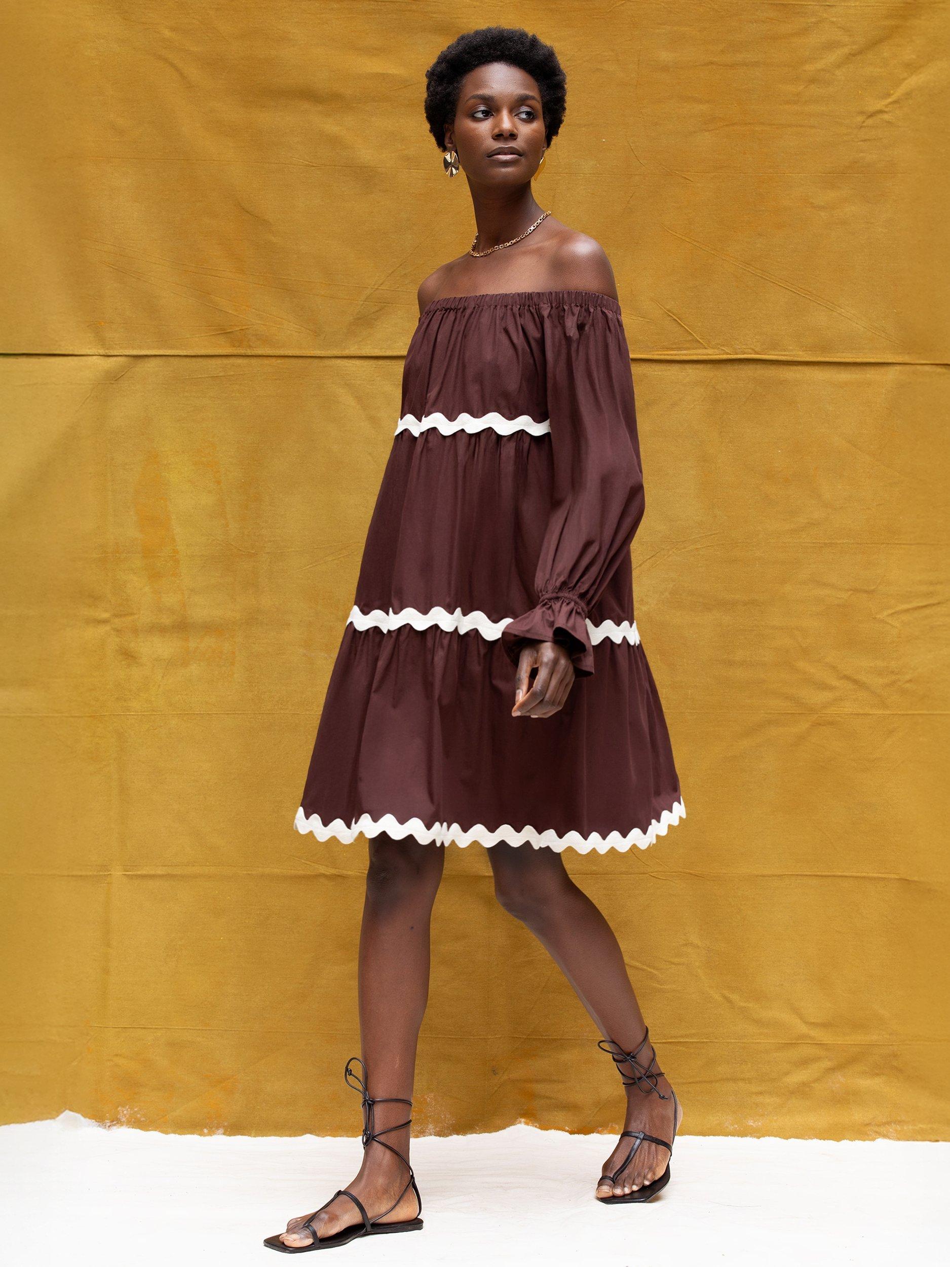 Product image 3 of 6, which shows Ro&Zo Ric Rac Trim Tiered Bardot Dress, Brown, 6