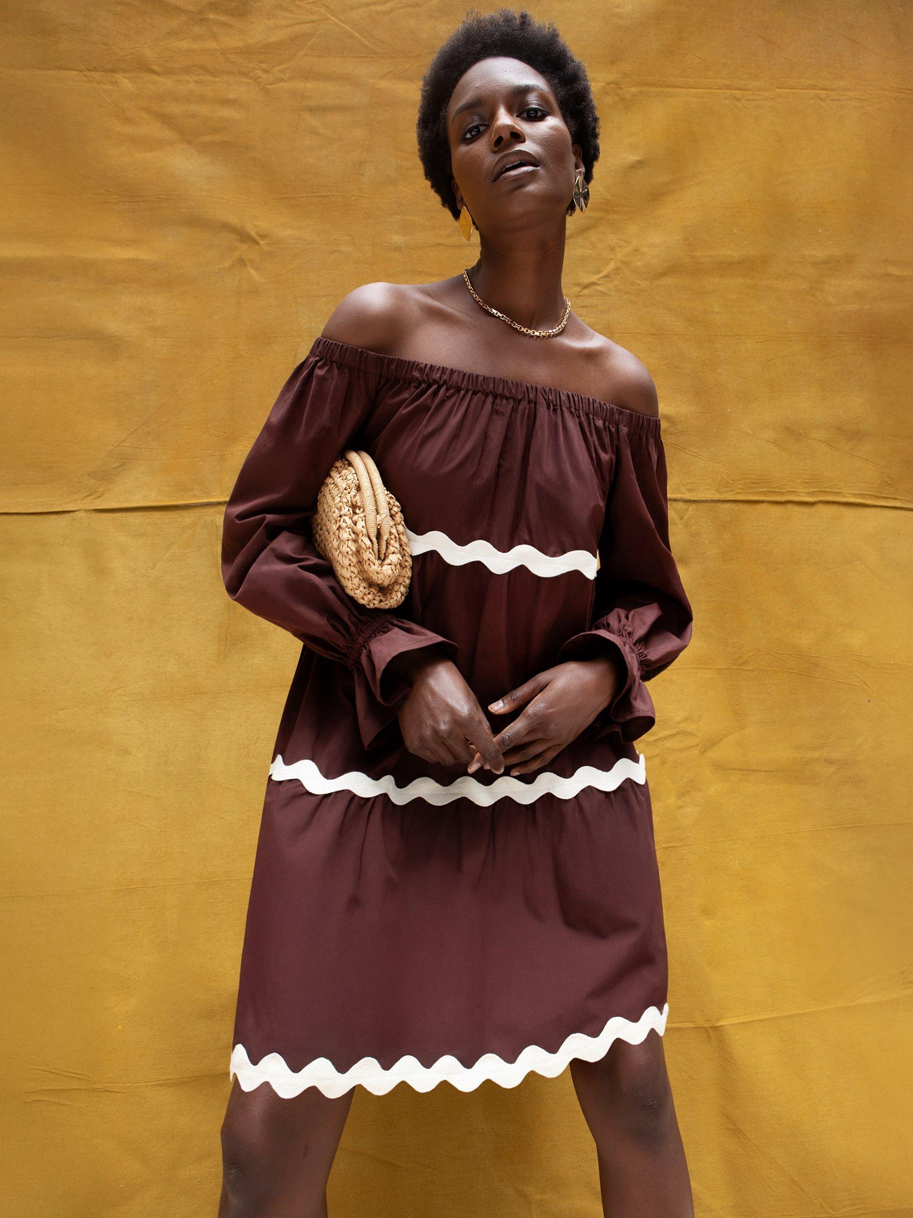 Product image 4 of 6, which shows Ro&Zo Ric Rac Trim Tiered Bardot Dress, Brown, 6