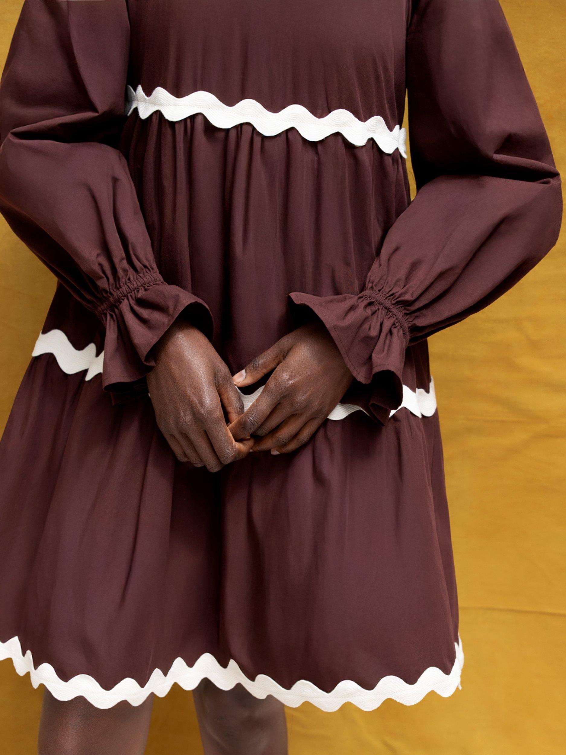 Product image 5 of 6, which shows Ro&Zo Ric Rac Trim Tiered Bardot Dress, Brown, 6