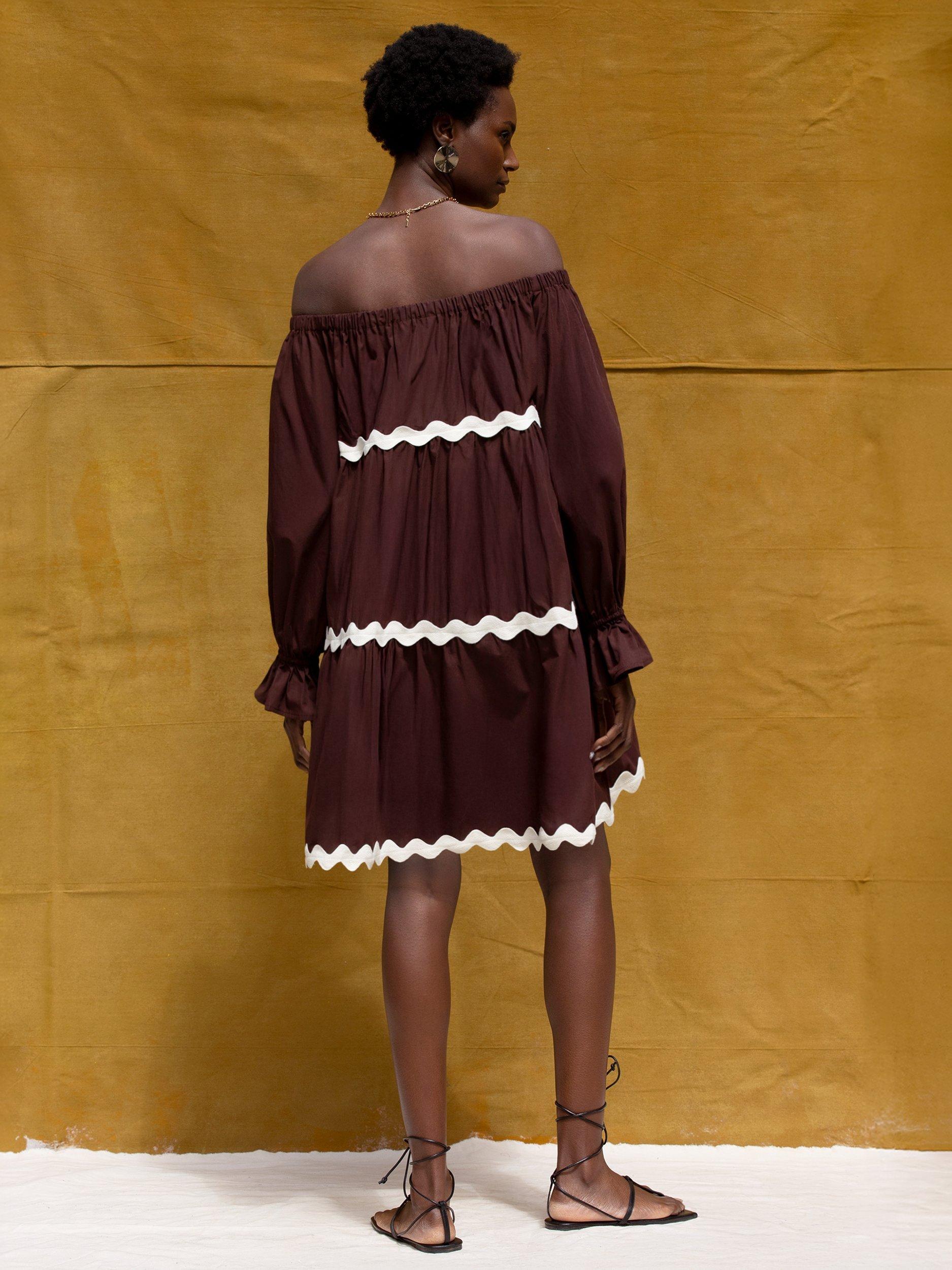Product image 6 of 6, which shows Ro&Zo Ric Rac Trim Tiered Bardot Dress, Brown, 6