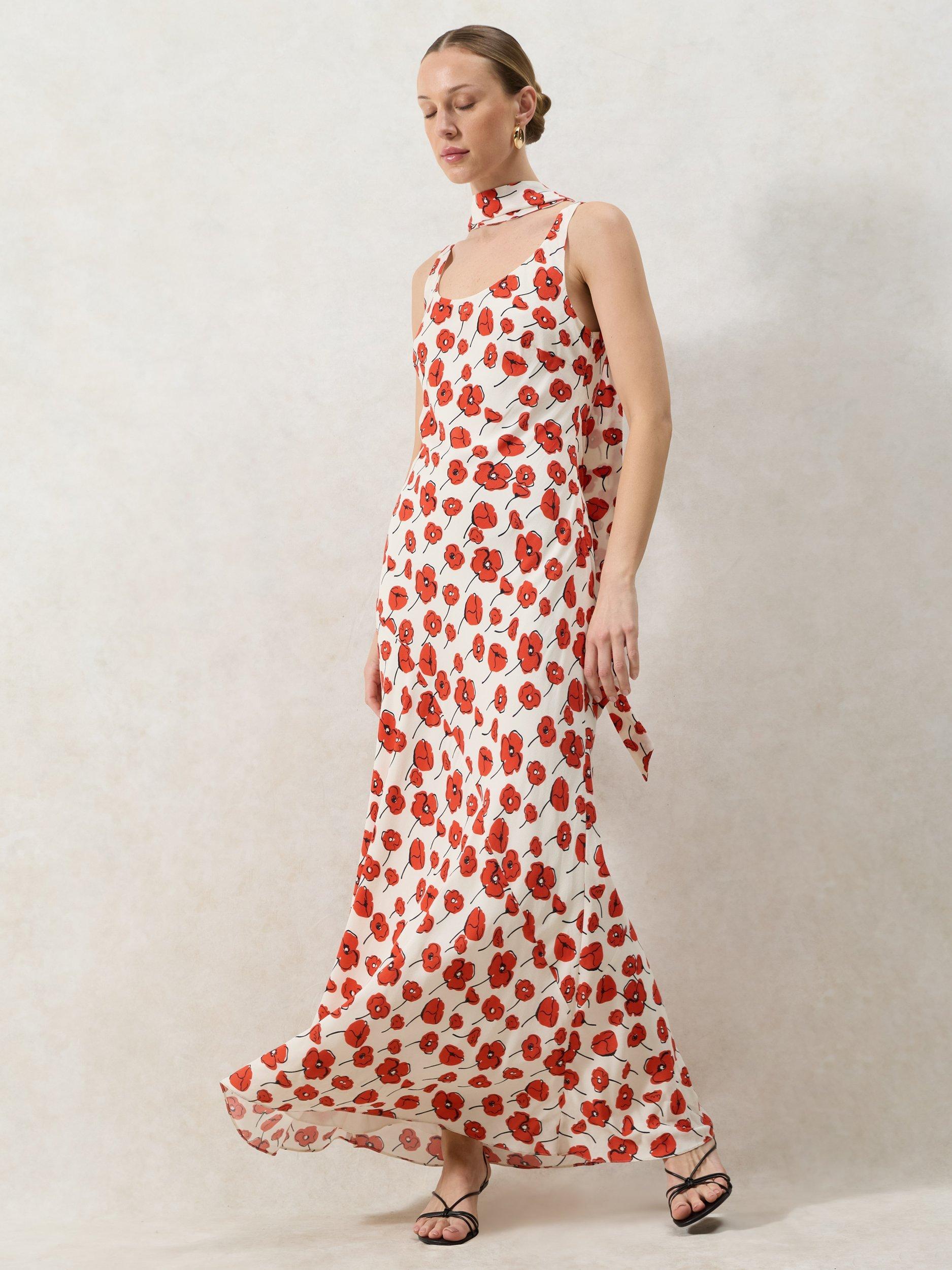 Product image 1 of 7, which shows Ro&Zo Ella Poppy Print Tie Detail Maxi Dress, Red, 6