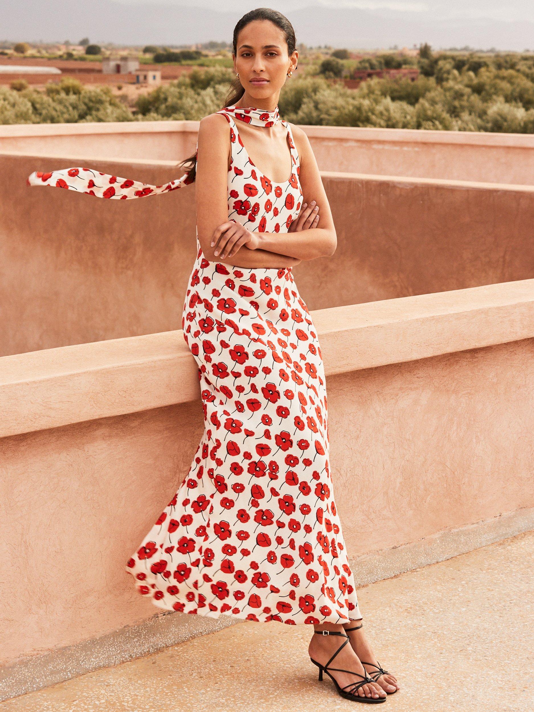 Product image 2 of 7, which shows Ro&Zo Ella Poppy Print Tie Detail Maxi Dress, Red, 6