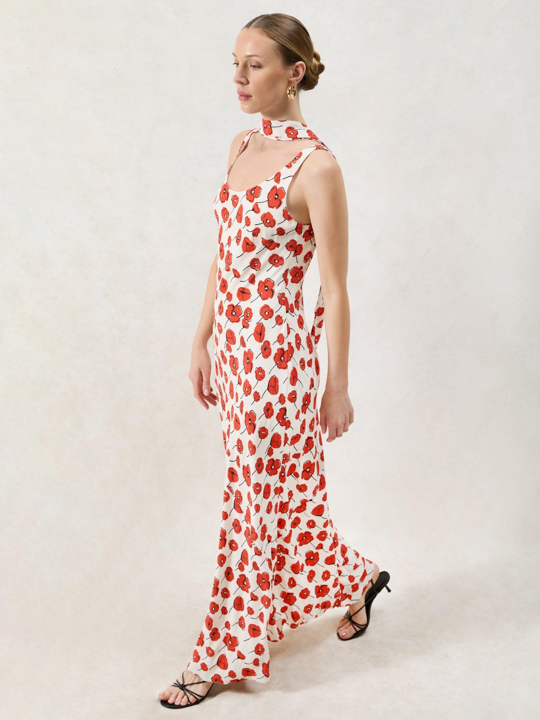 Product image 4 of 7, which shows Ro&Zo Ella Poppy Print Tie Detail Maxi Dress, Red, 6