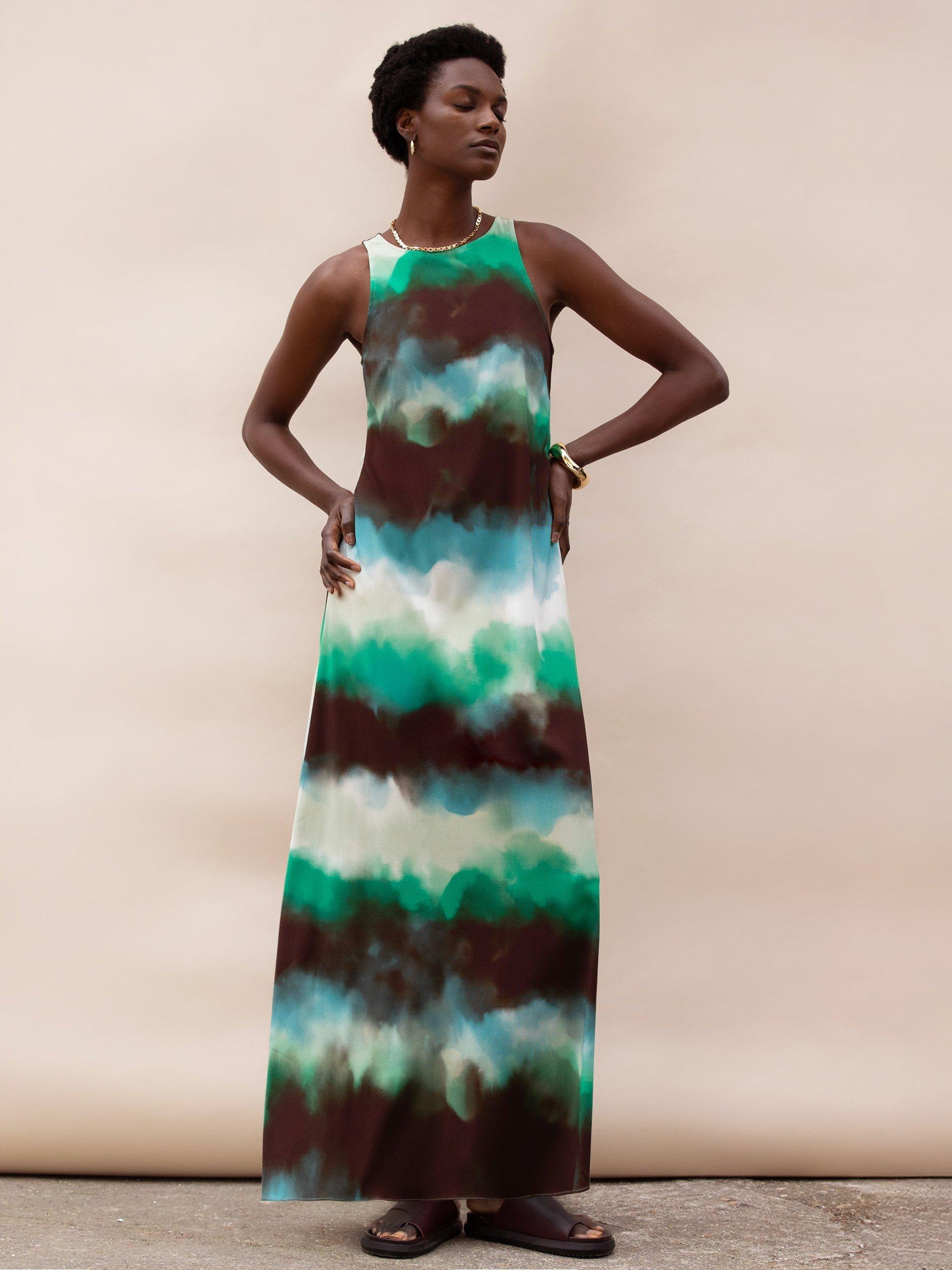 Product image 1 of 5, which shows Ro&Zo Watercolour Tie Dye Maxi Dress, Green/Multi, 6