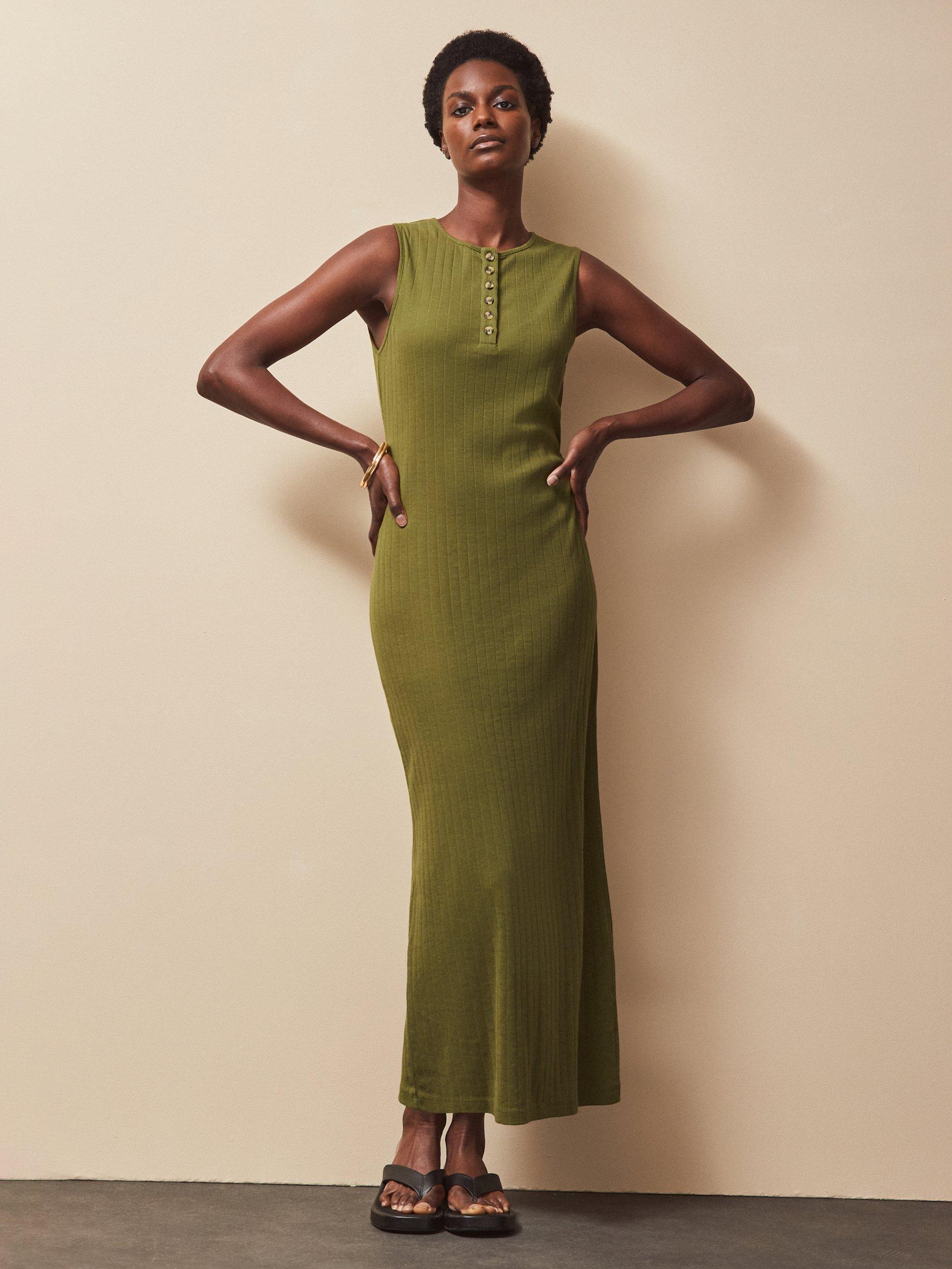 Product image 1 of 4, which shows Ro&Zo Ribbed Sleeveless Column Dress, Green, XS