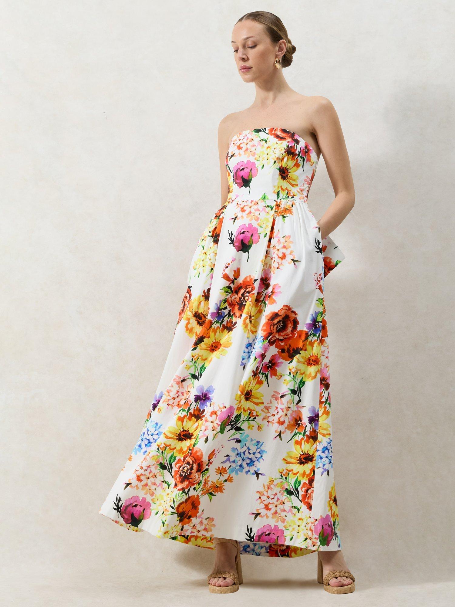 Product image 1 of 6, which shows Ro&Zo Petite Annie Garden Floral Bow Detail Dress, White, 12Pt