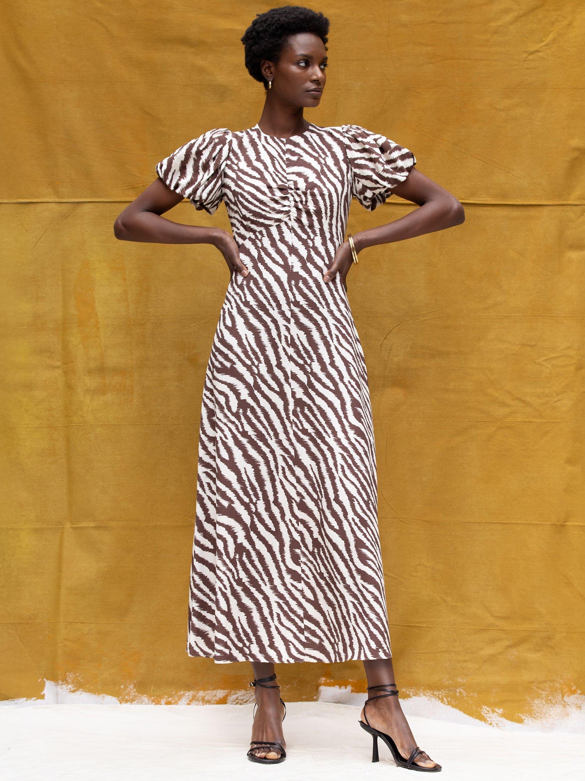 Product image 1 of 6, which shows Ro&Zo Petite Zebra Print Puff Sleeve Dress, Brown, 6Pt