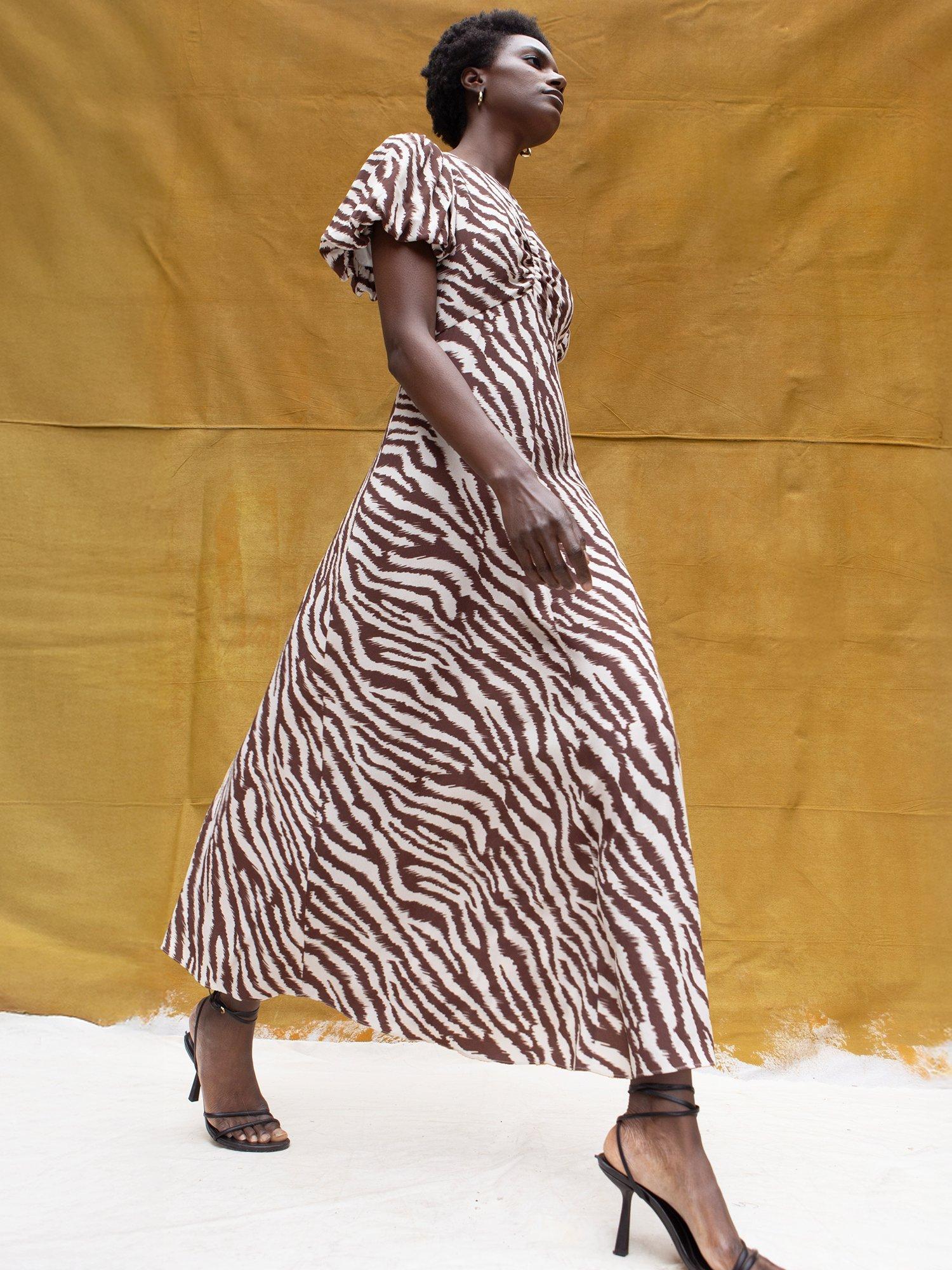 Product image 2 of 6, which shows Ro&Zo Petite Zebra Print Puff Sleeve Dress, Brown, 6Pt