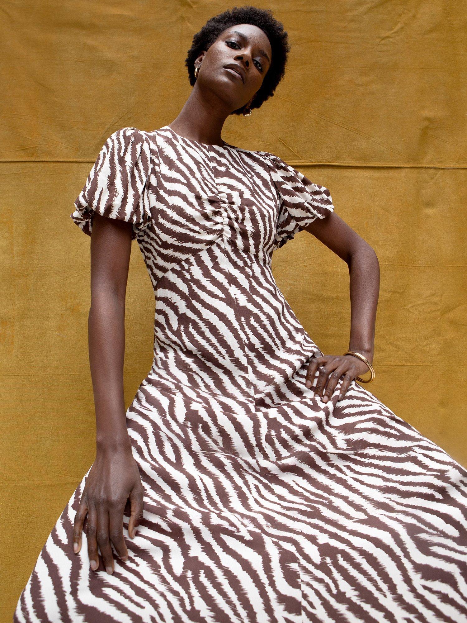 Product image 3 of 6, which shows Ro&Zo Petite Zebra Print Puff Sleeve Dress, Brown, 6Pt