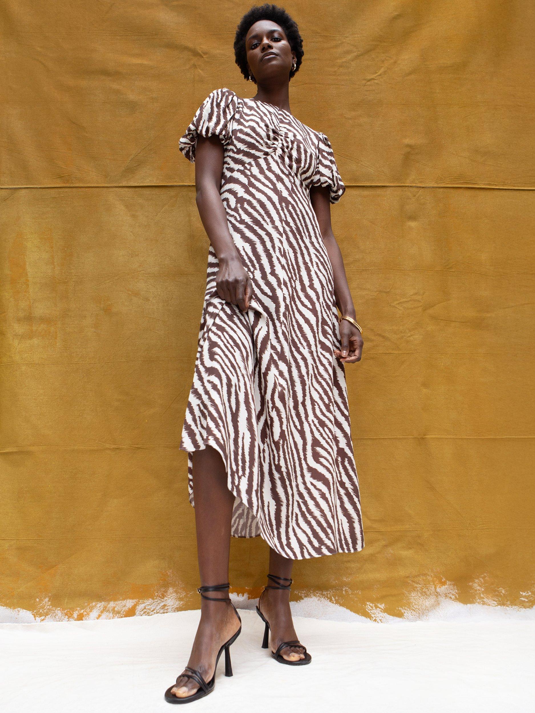 Product image 4 of 6, which shows Ro&Zo Petite Zebra Print Puff Sleeve Dress, Brown, 6Pt