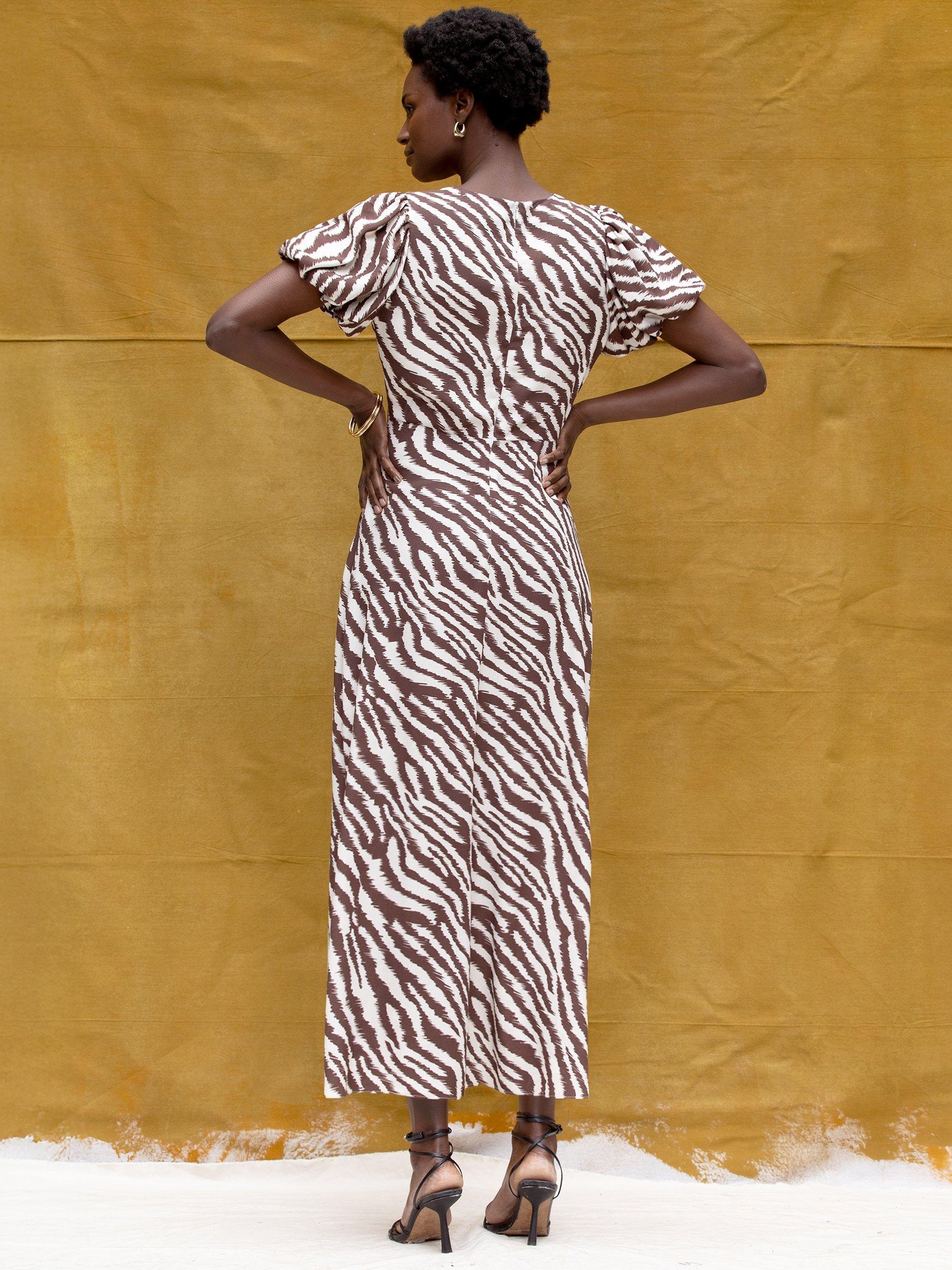 Product image 6 of 6, which shows Ro&Zo Petite Zebra Print Puff Sleeve Dress, Brown, 6Pt