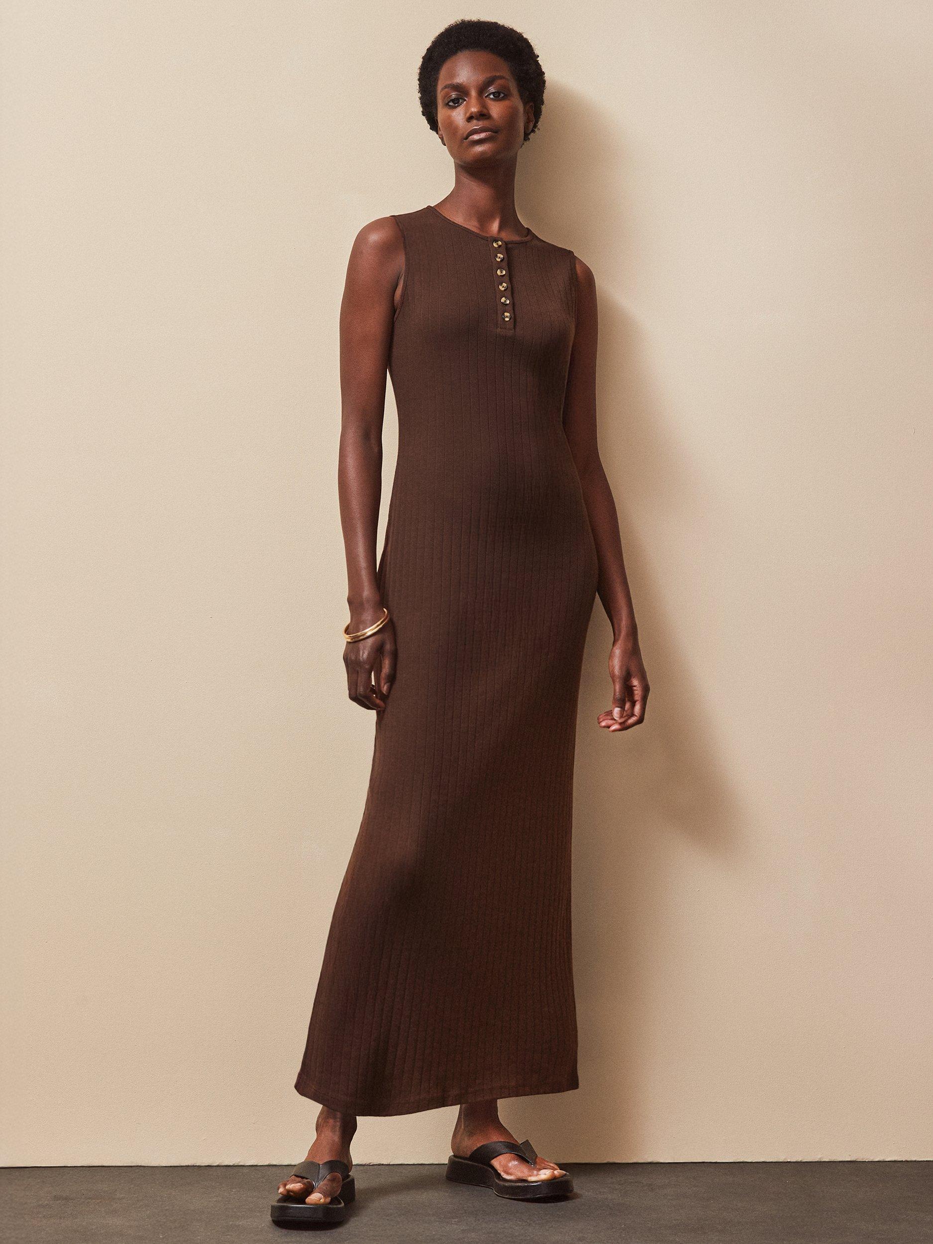 Product image 1 of 5, which shows Ro&Zo Petite Ribbed Sleeveless Midi Dress, Brown, L Petite