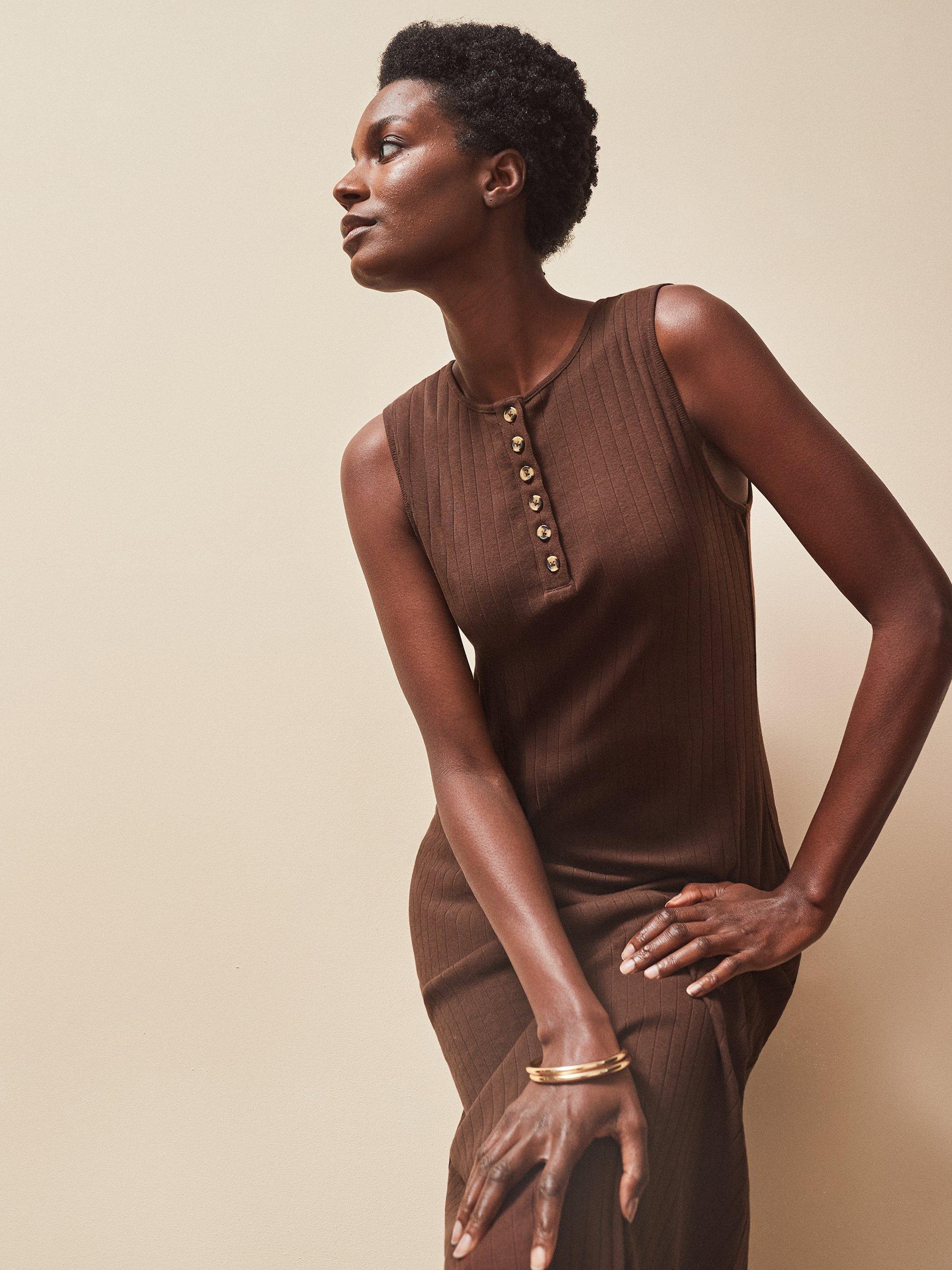 Product image 2 of 5, which shows Ro&Zo Petite Ribbed Sleeveless Midi Dress, Brown, L Petite