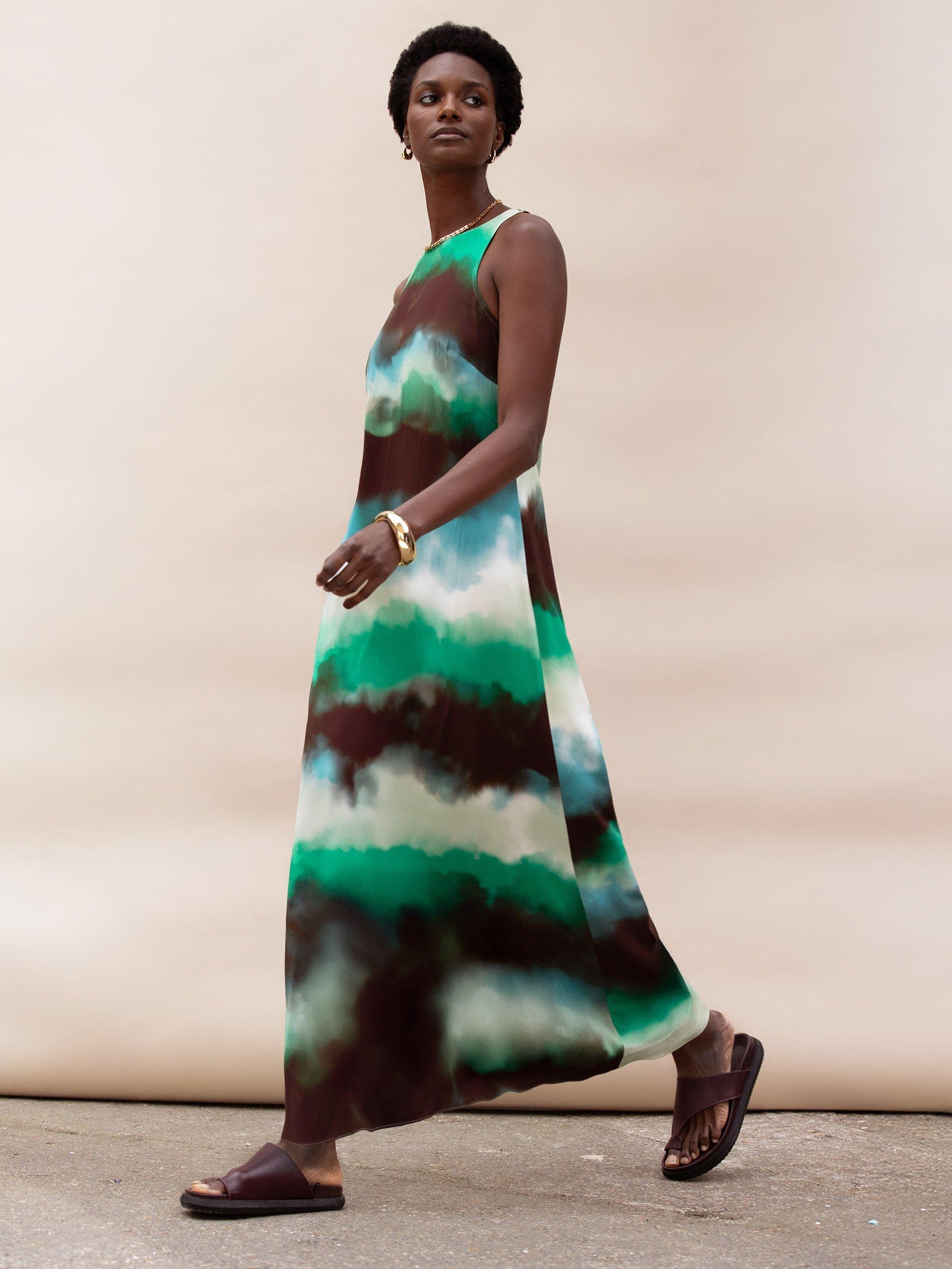 Product image 2 of 5, which shows Ro&Zo Petite Abstract Watercolour Midi Dress, Green, 6Pt