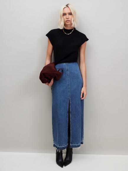 Ro&Zo Petite Split Front Denim Maxi Skirt, Blue, Blue