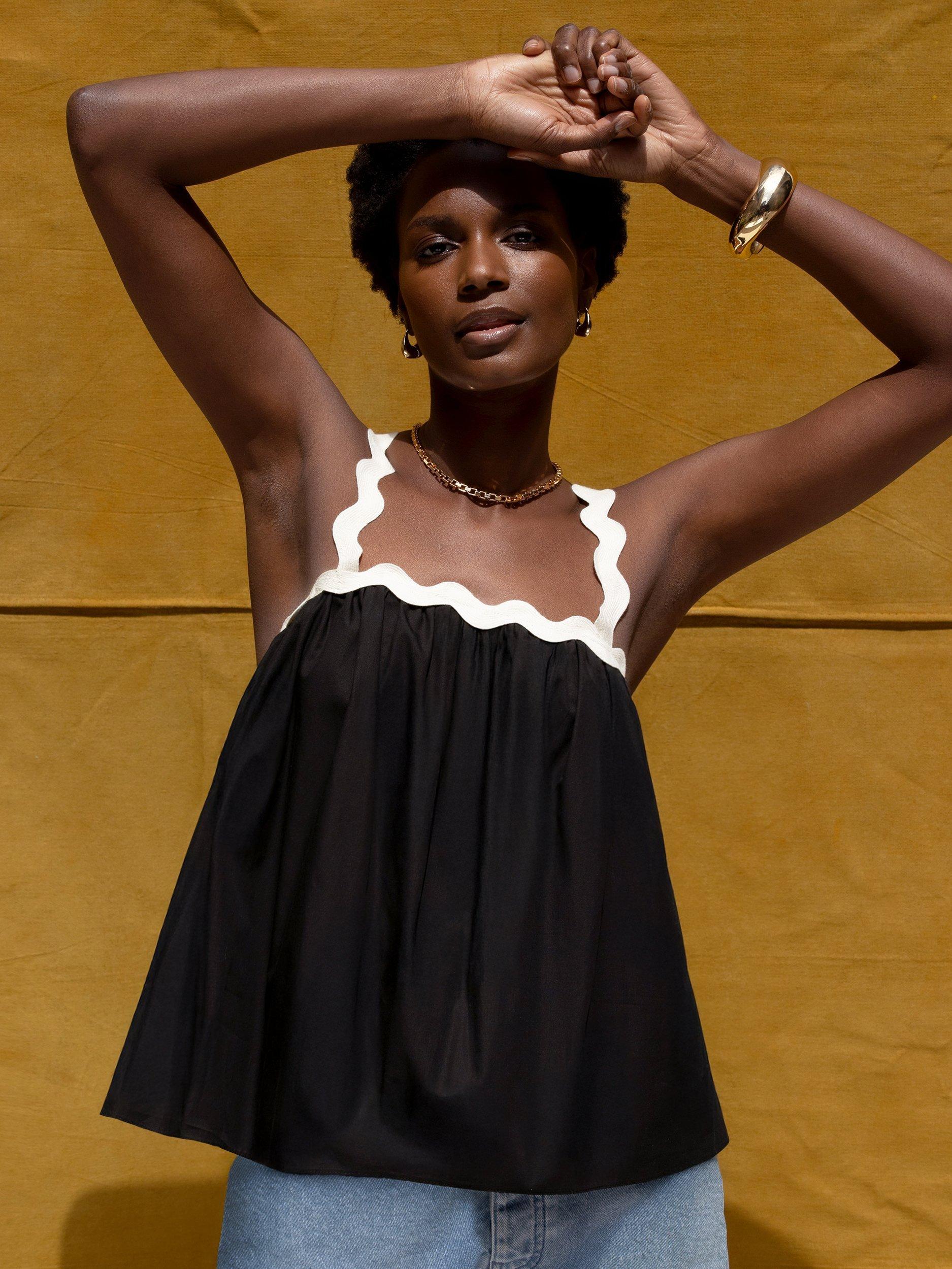 Product image 1 of 5, which shows Ro&Zo Black Contrast Strap Cami Top, Black, 16