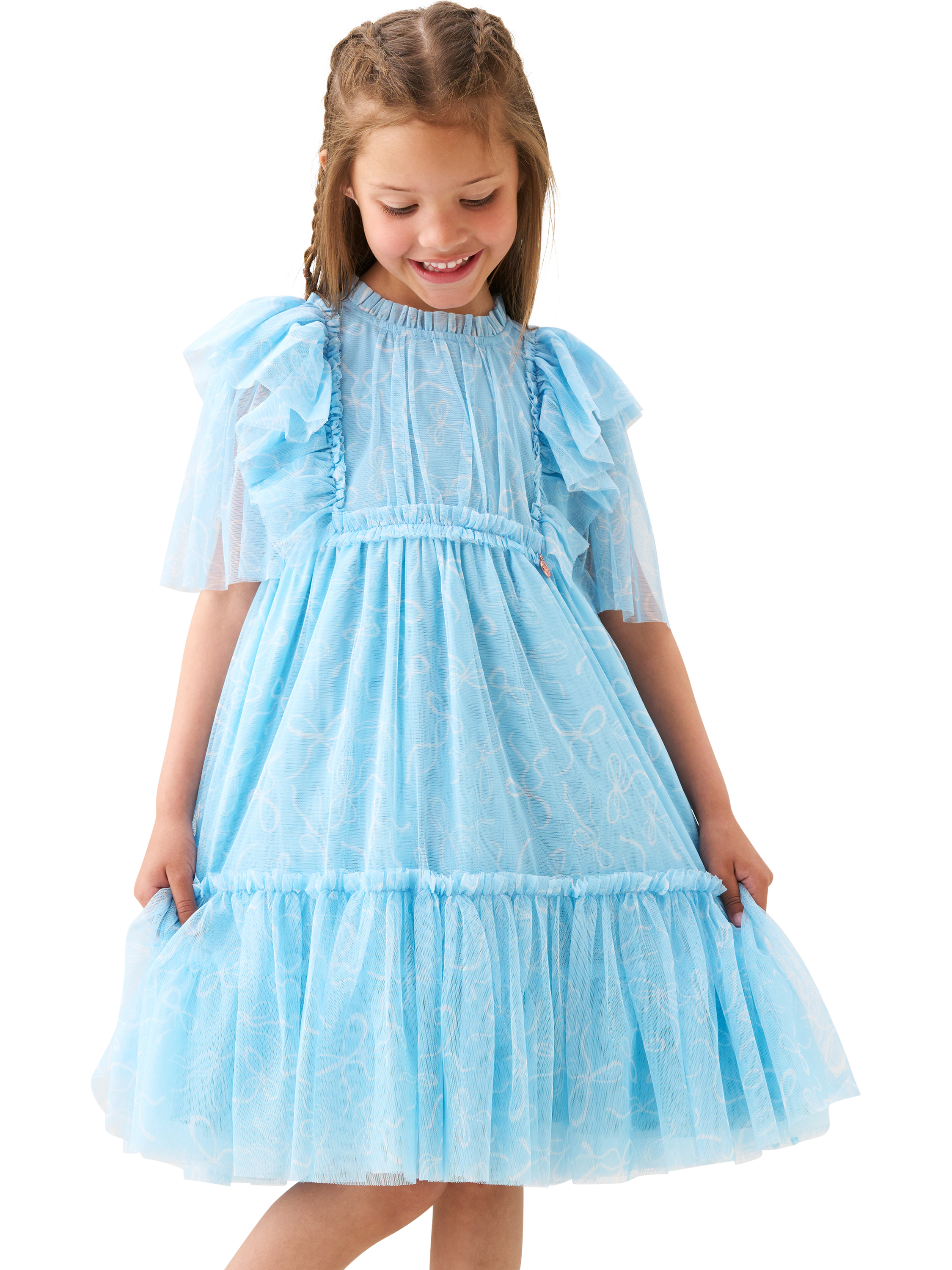 Product image 1 of 10, which shows Angel & Rocket Kids' Bow Print Mesh Dress, Blue, 3 years