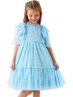 Angel & Rocket Kids' Bow Print Mesh Dress, Blue, Blue