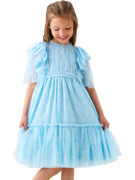 Angel & Rocket Kids' Bow Print Mesh Dress, Blue, Blue