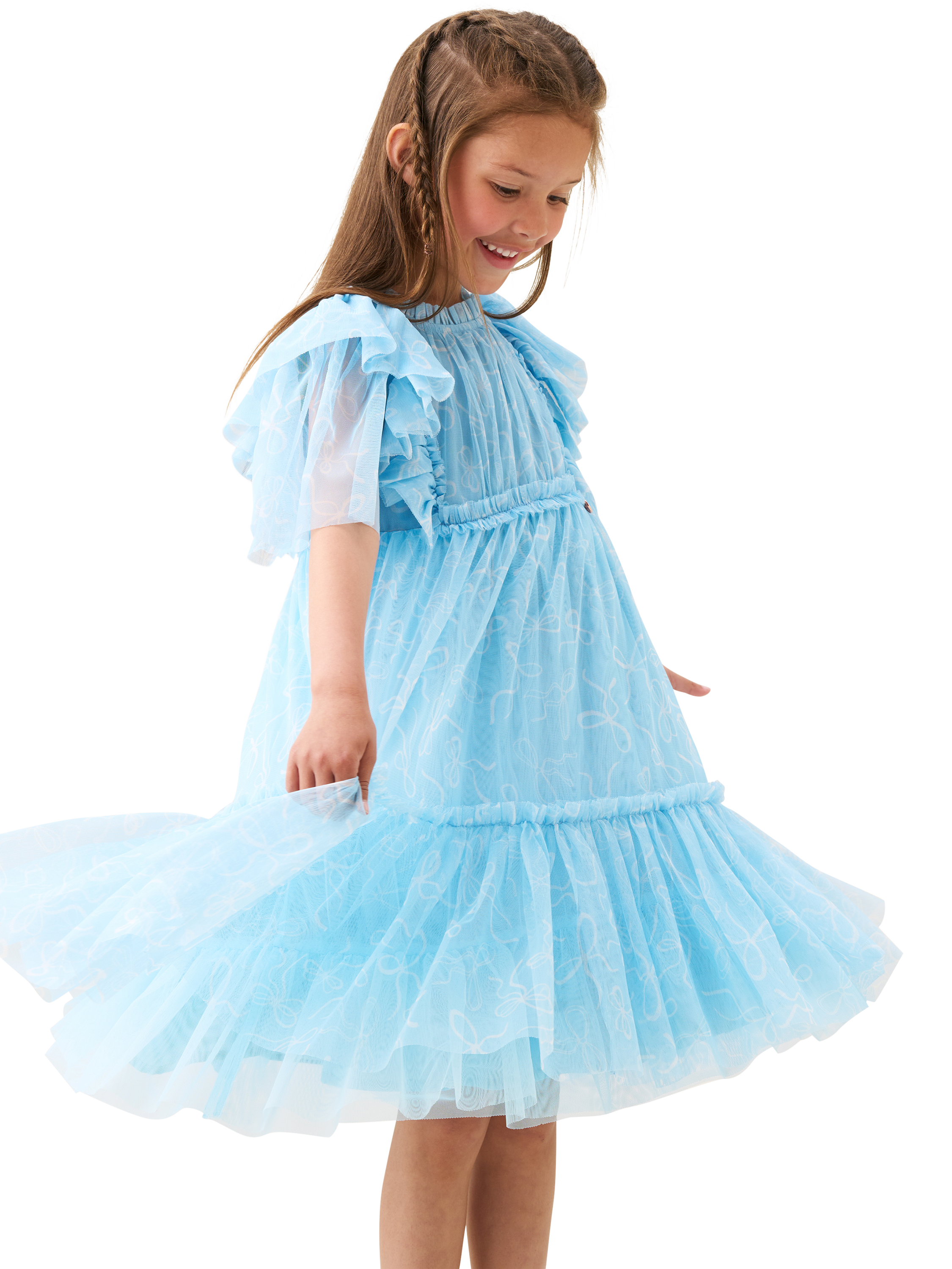 Product image 2 of 10, which shows Angel & Rocket Kids' Bow Print Mesh Dress, Blue, 3 years