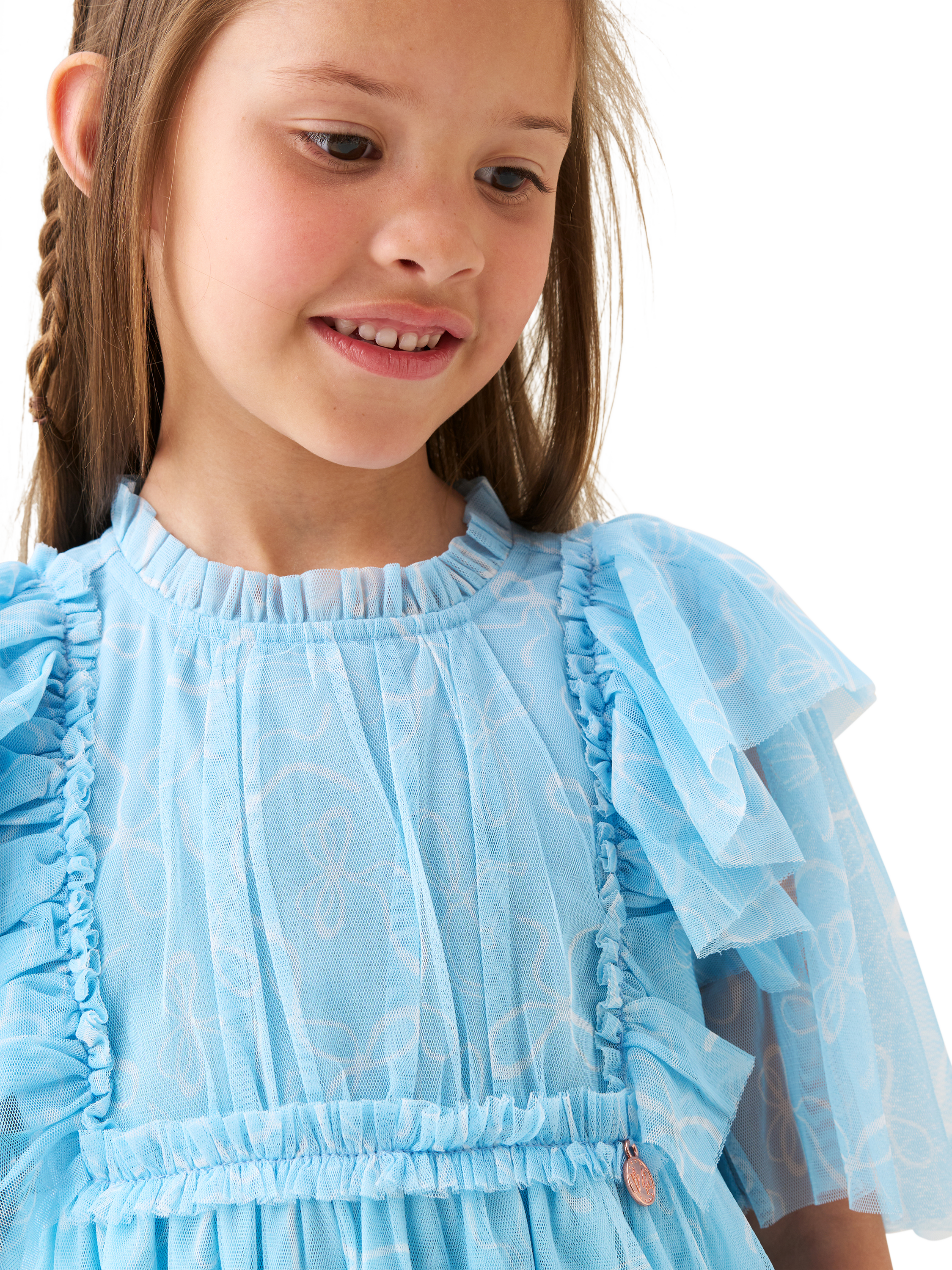 Product image 3 of 10, which shows Angel & Rocket Kids' Bow Print Mesh Dress, Blue, 3 years