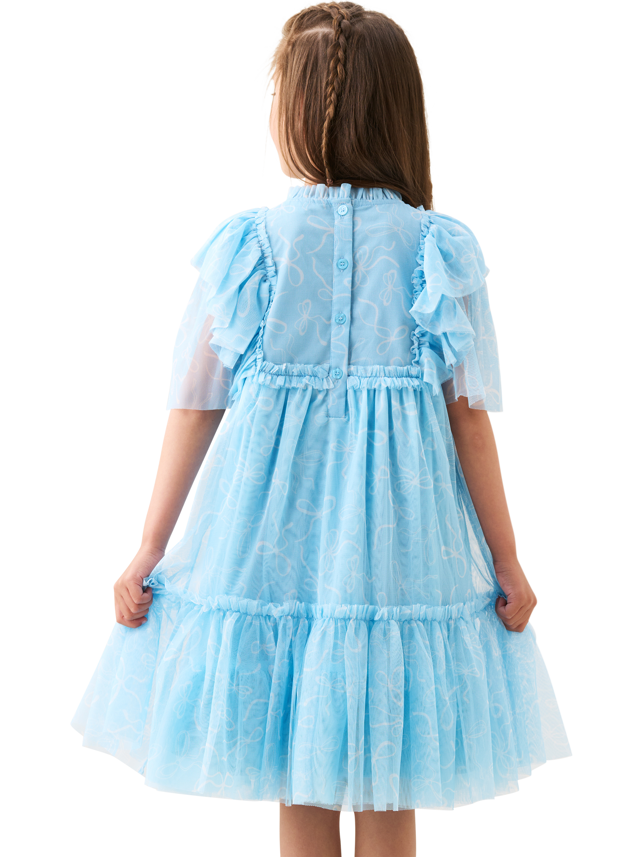 Product image 4 of 10, which shows Angel & Rocket Kids' Bow Print Mesh Dress, Blue, 3 years