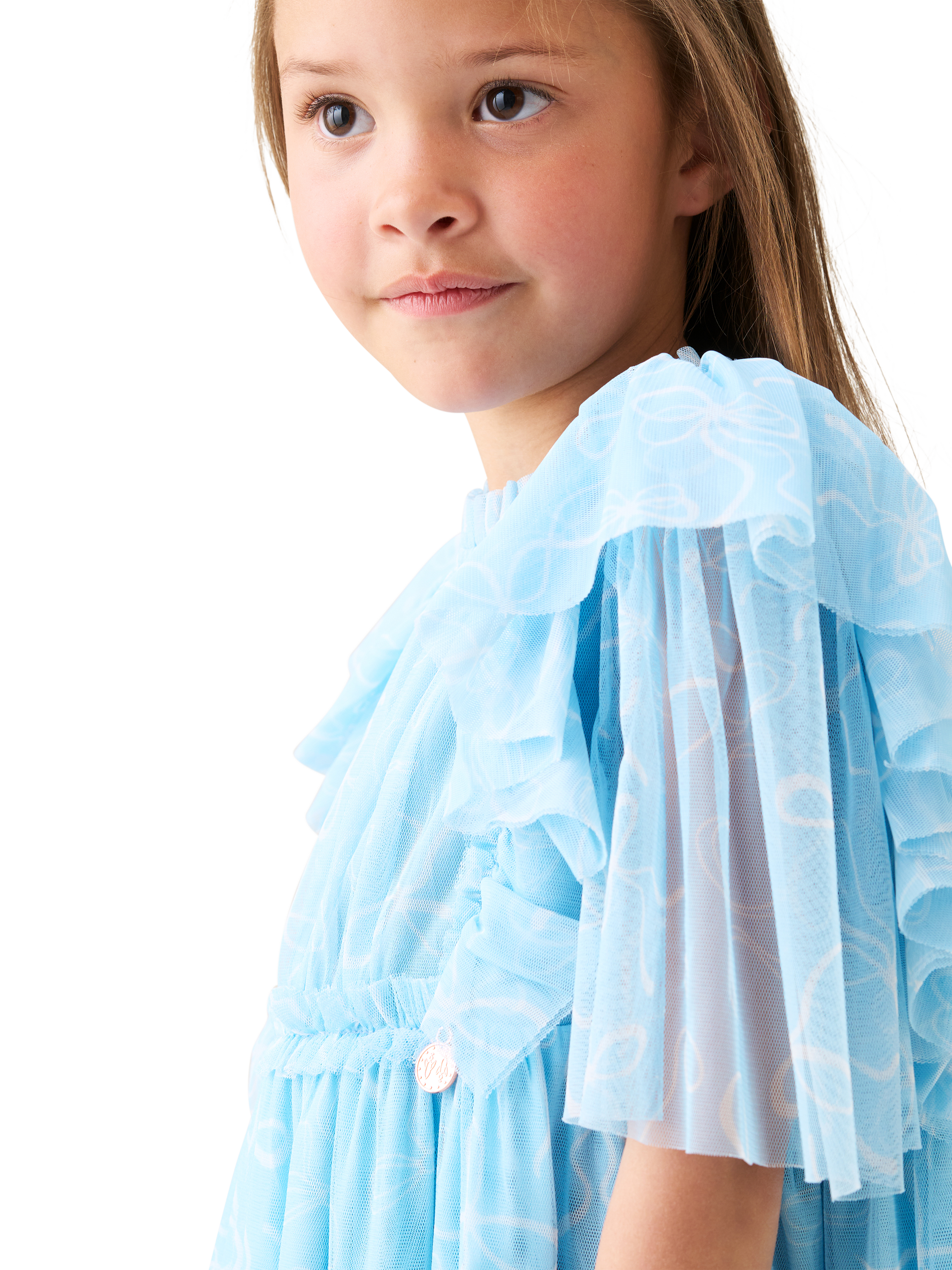 Product image 5 of 10, which shows Angel & Rocket Kids' Bow Print Mesh Dress, Blue, 3 years