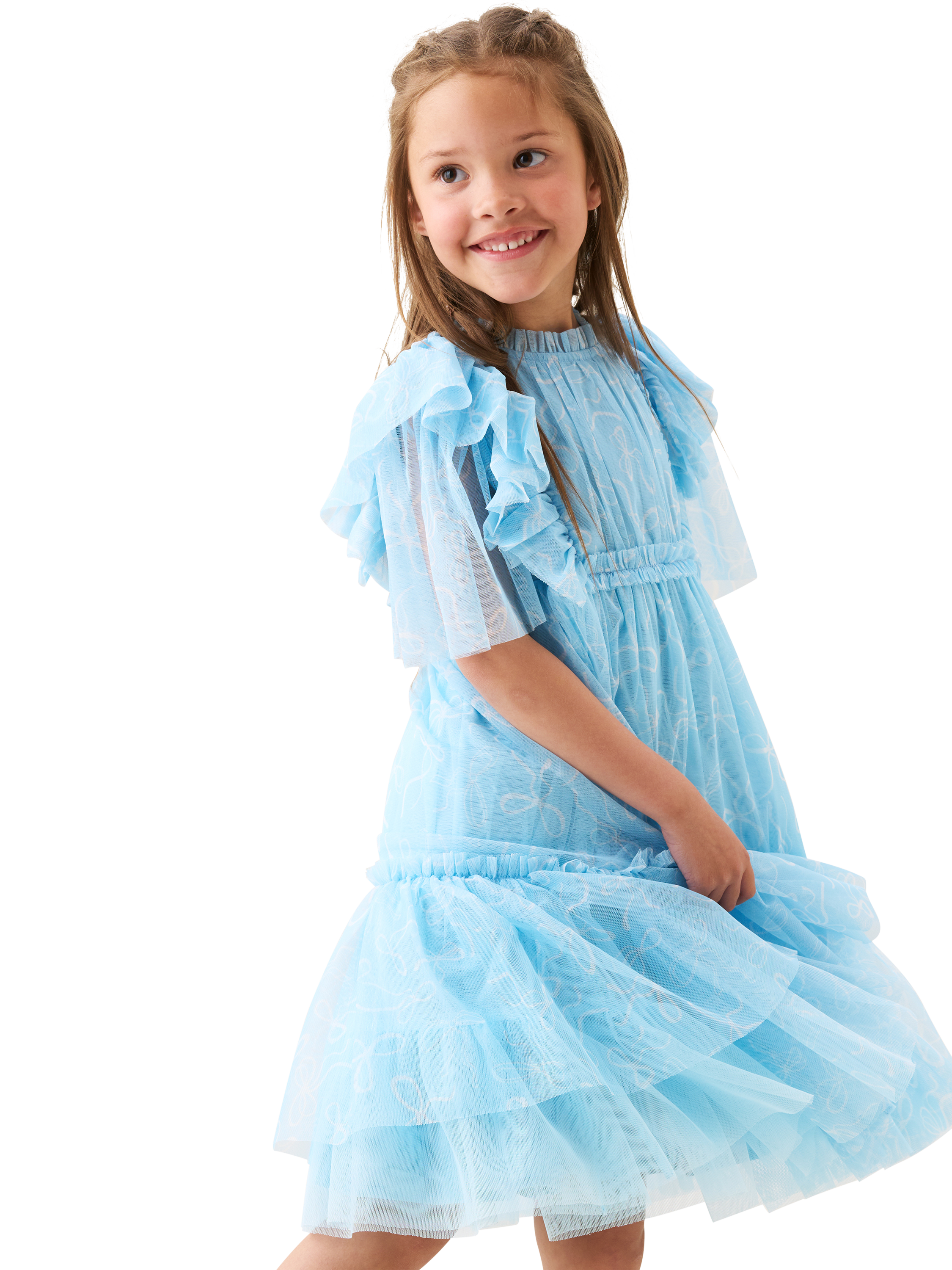 Product image 6 of 10, which shows Angel & Rocket Kids' Bow Print Mesh Dress, Blue, 3 years