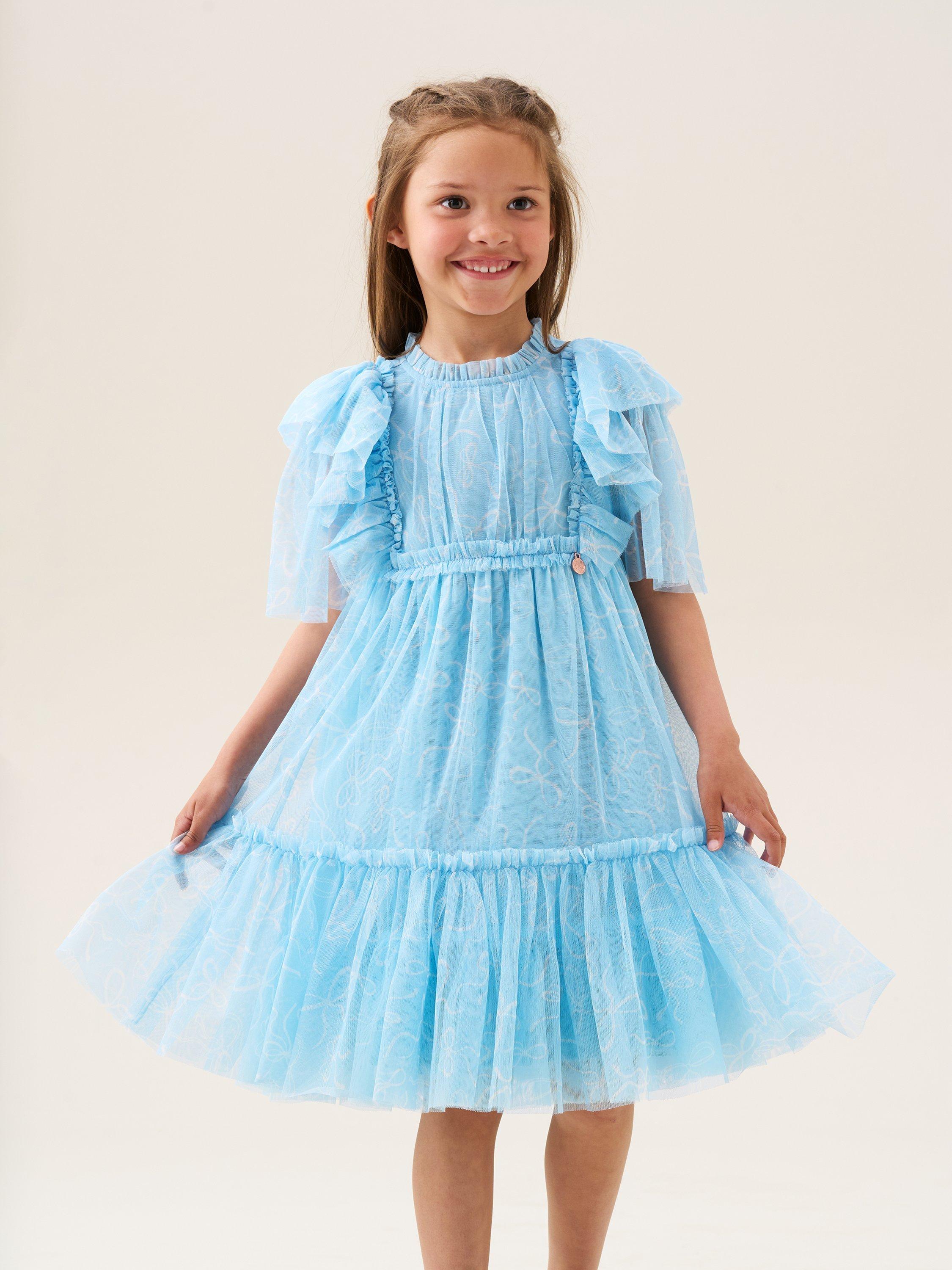 Product image 7 of 10, which shows Angel & Rocket Kids' Bow Print Mesh Dress, Blue, 3 years
