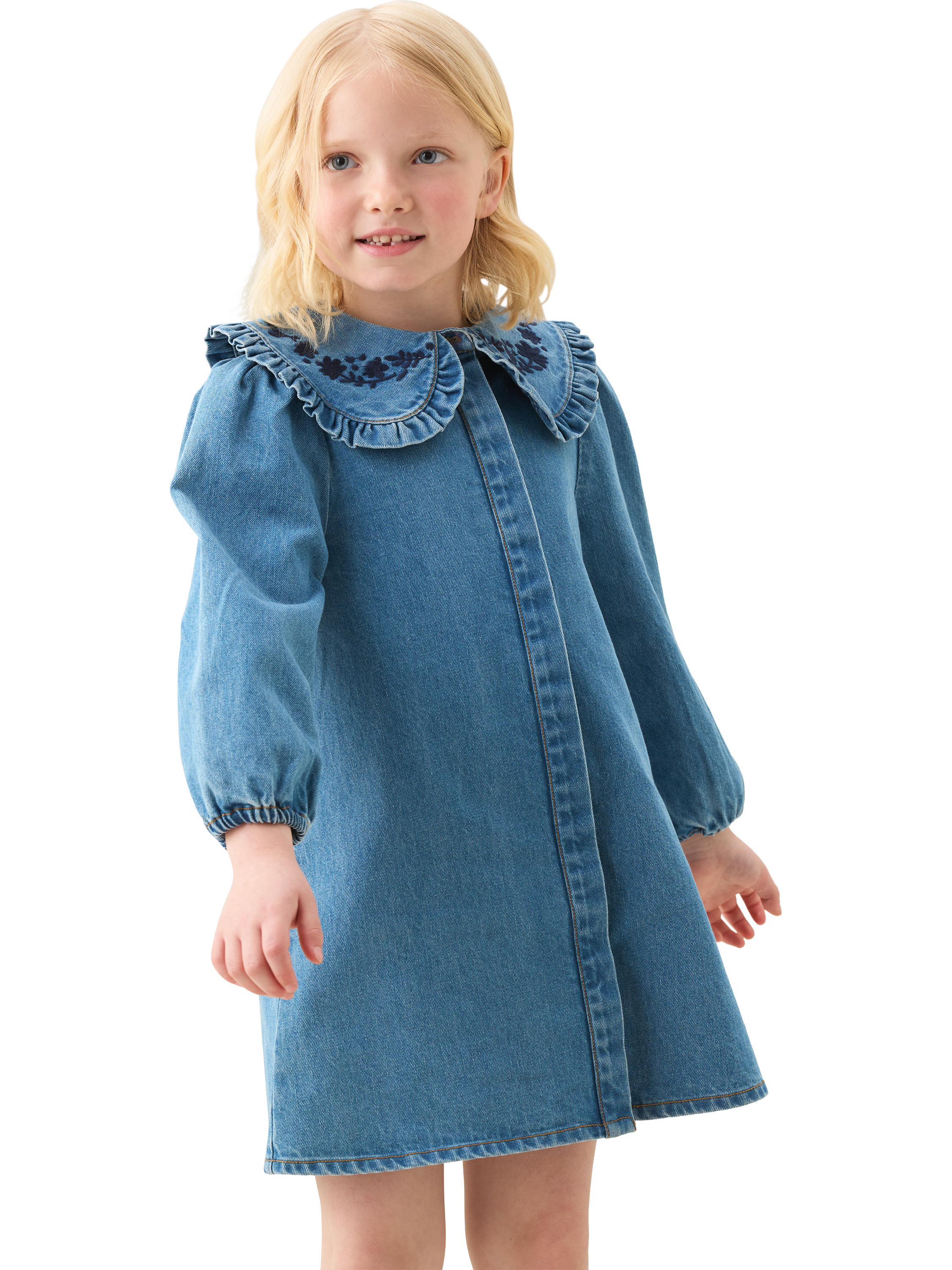 Product image 1 of 5, which shows Angel & Rocket Kids' Long Sleeved Frill Collar Dress, Denim, 3 years