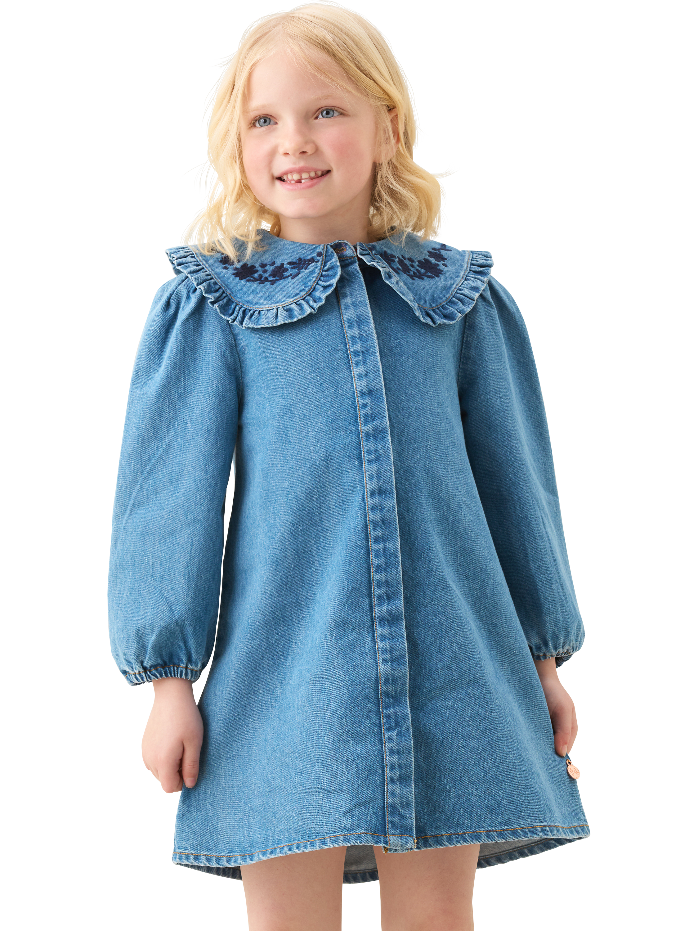 Product image 2 of 5, which shows Angel & Rocket Kids' Long Sleeved Frill Collar Dress, Denim, 3 years
