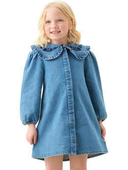 Angel & Rocket Kids' Long Sleeved Frill Collar Dress, Denim - view 2, Denim