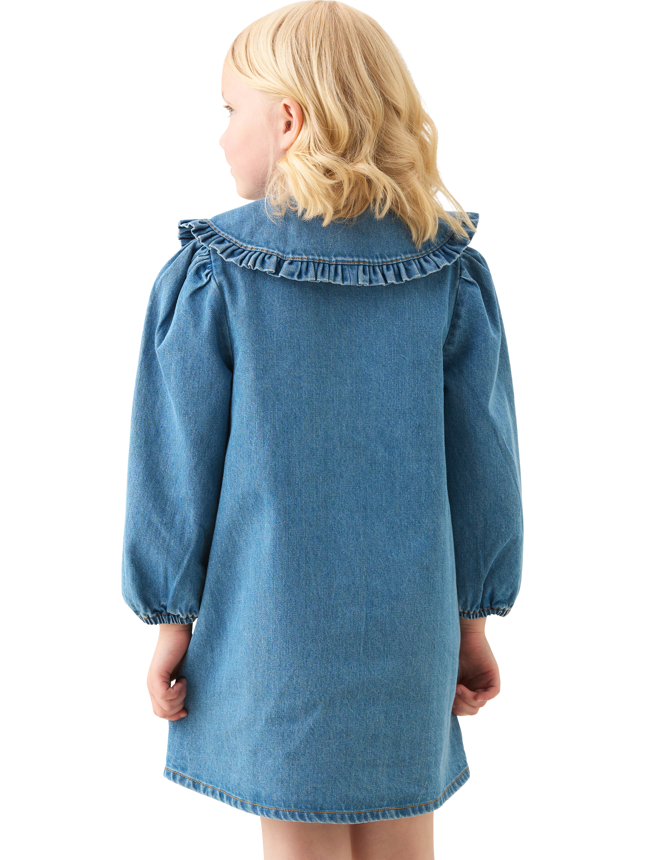 Product image 3 of 5, which shows Angel & Rocket Kids' Long Sleeved Frill Collar Dress, Denim, 3 years