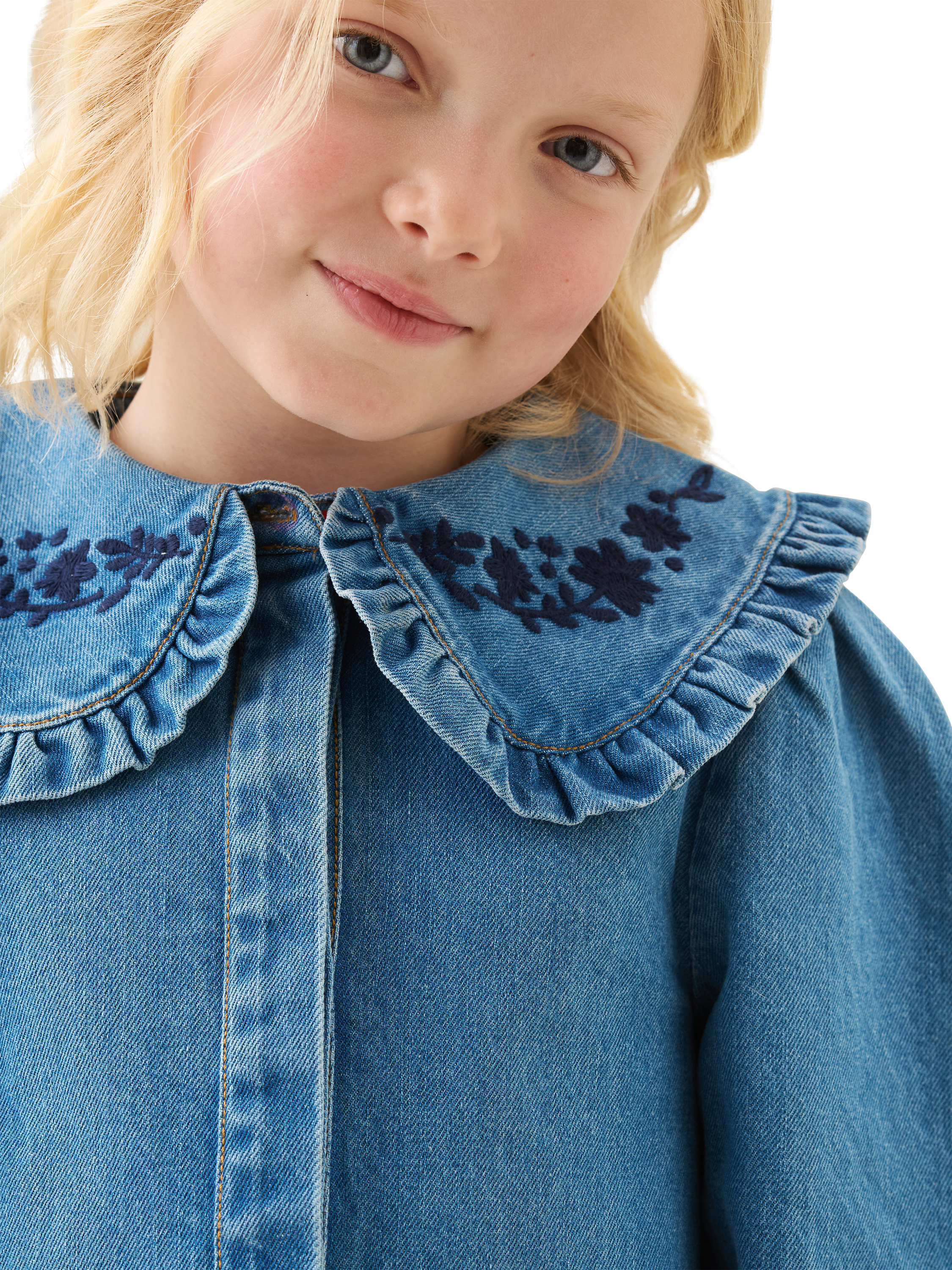 Product image 4 of 5, which shows Angel & Rocket Kids' Long Sleeved Frill Collar Dress, Denim, 3 years