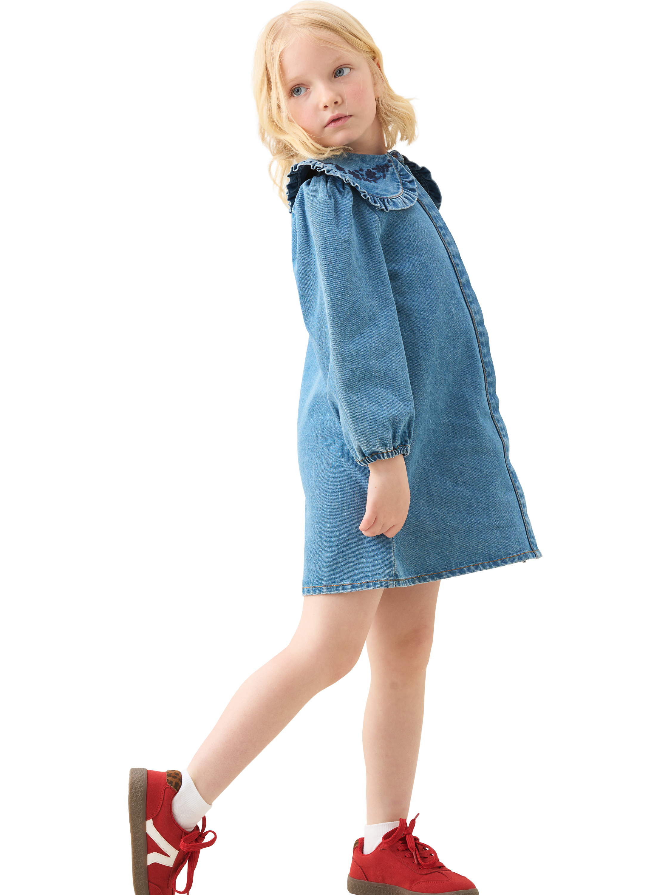 Product image 5 of 5, which shows Angel & Rocket Kids' Long Sleeved Frill Collar Dress, Denim, 3 years