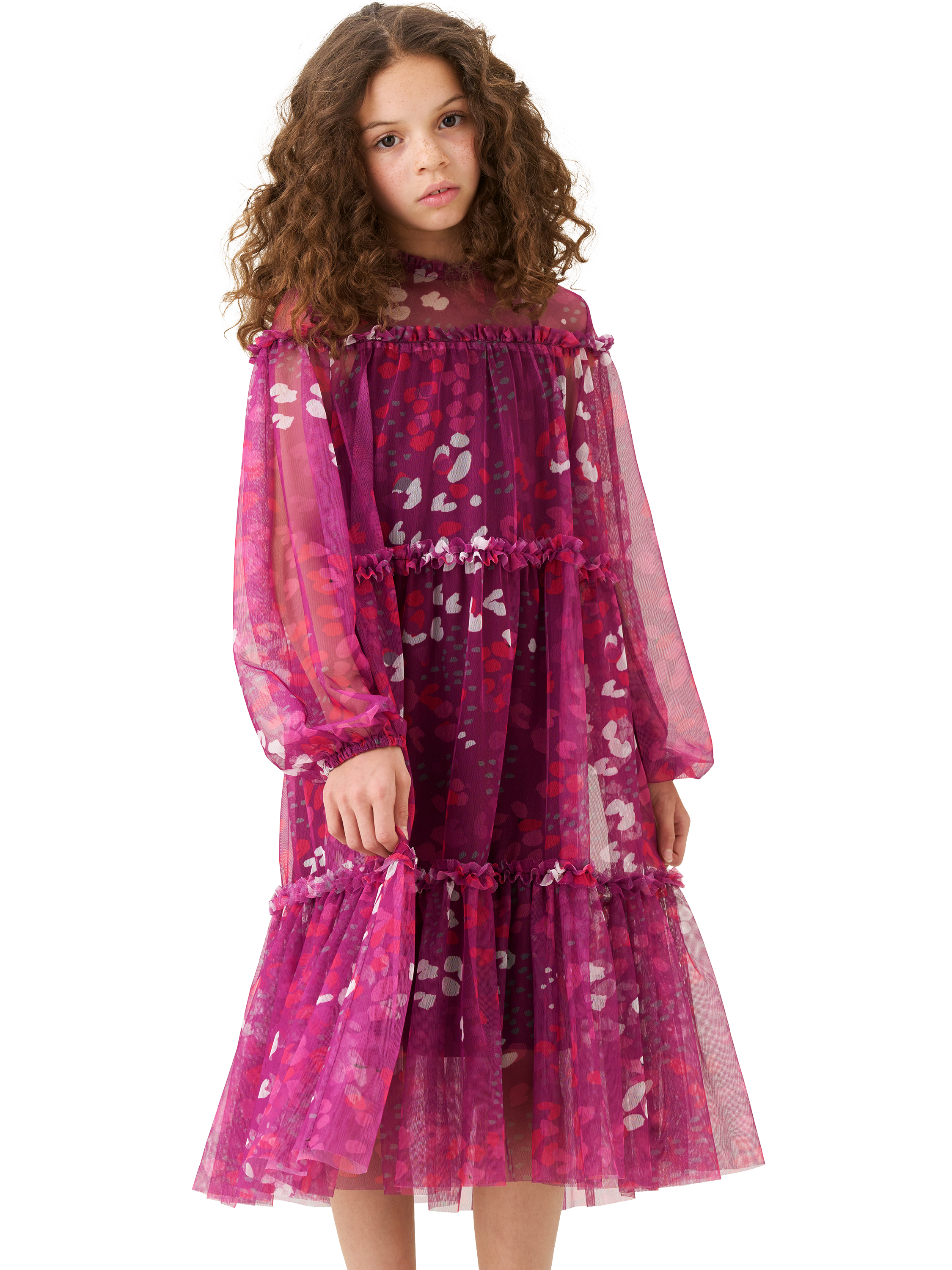 Product image 1 of 8, which shows Angel & Rocket Kids' Printed Mesh Dress, Pink, 3 years