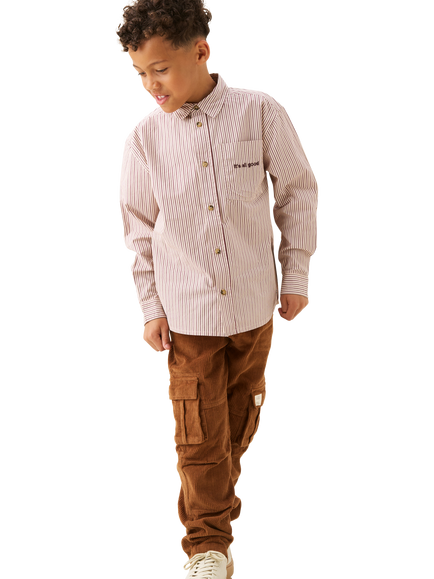 Angel & Rocket Kids' Cotton Long Sleeved Fine Stripe Shirt, Stone - view 2, Stone